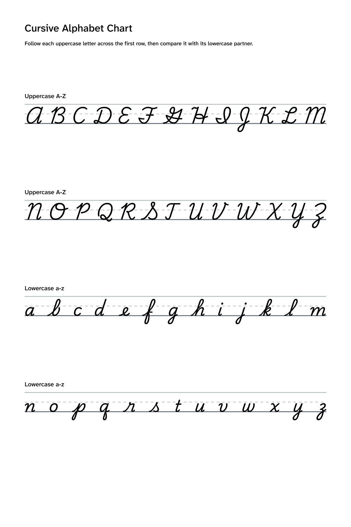 Printable cursive alphabet chart showing uppercase and lowercase letters A through Z