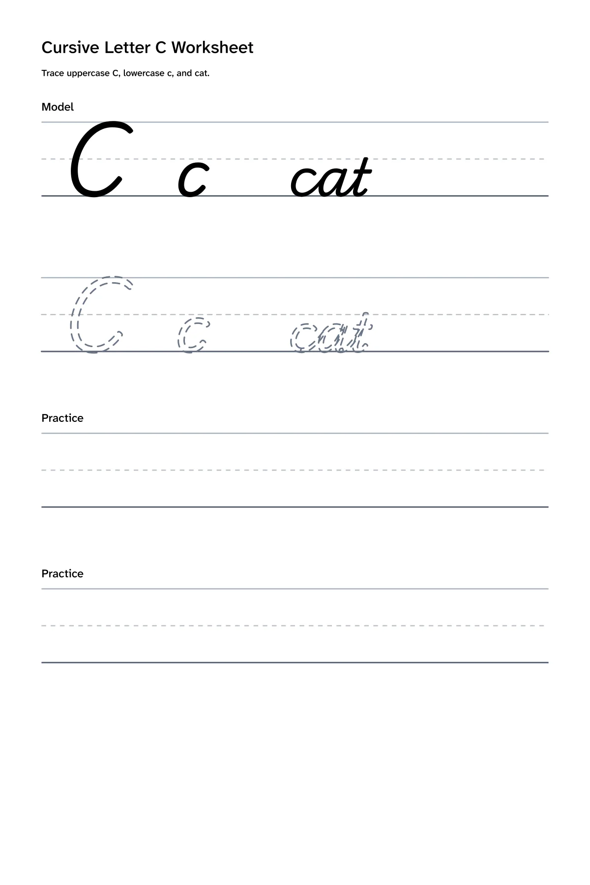 Printable cursive letter C worksheet with uppercase C, lowercase c, and cat practice