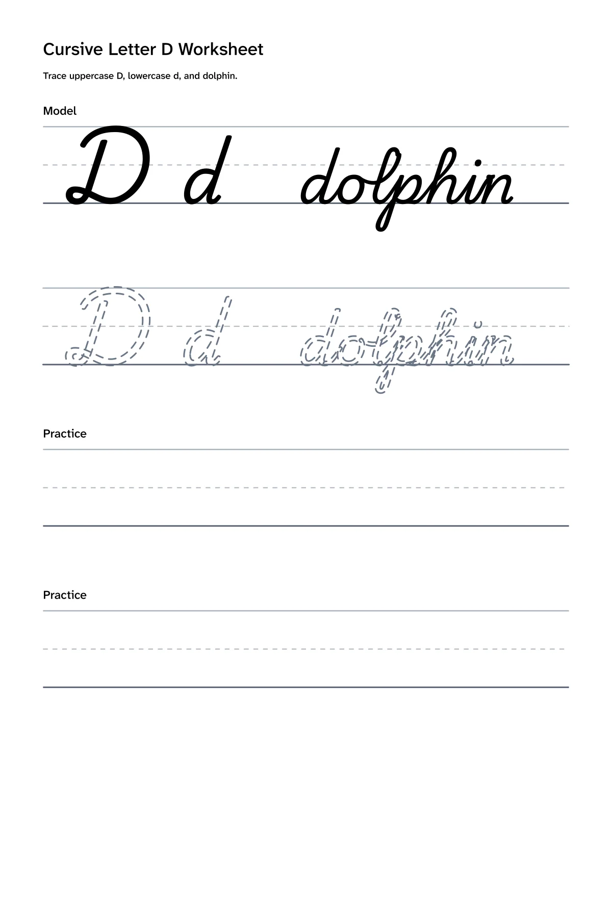 Printable cursive letter D worksheet with uppercase D, lowercase d, and dolphin practice