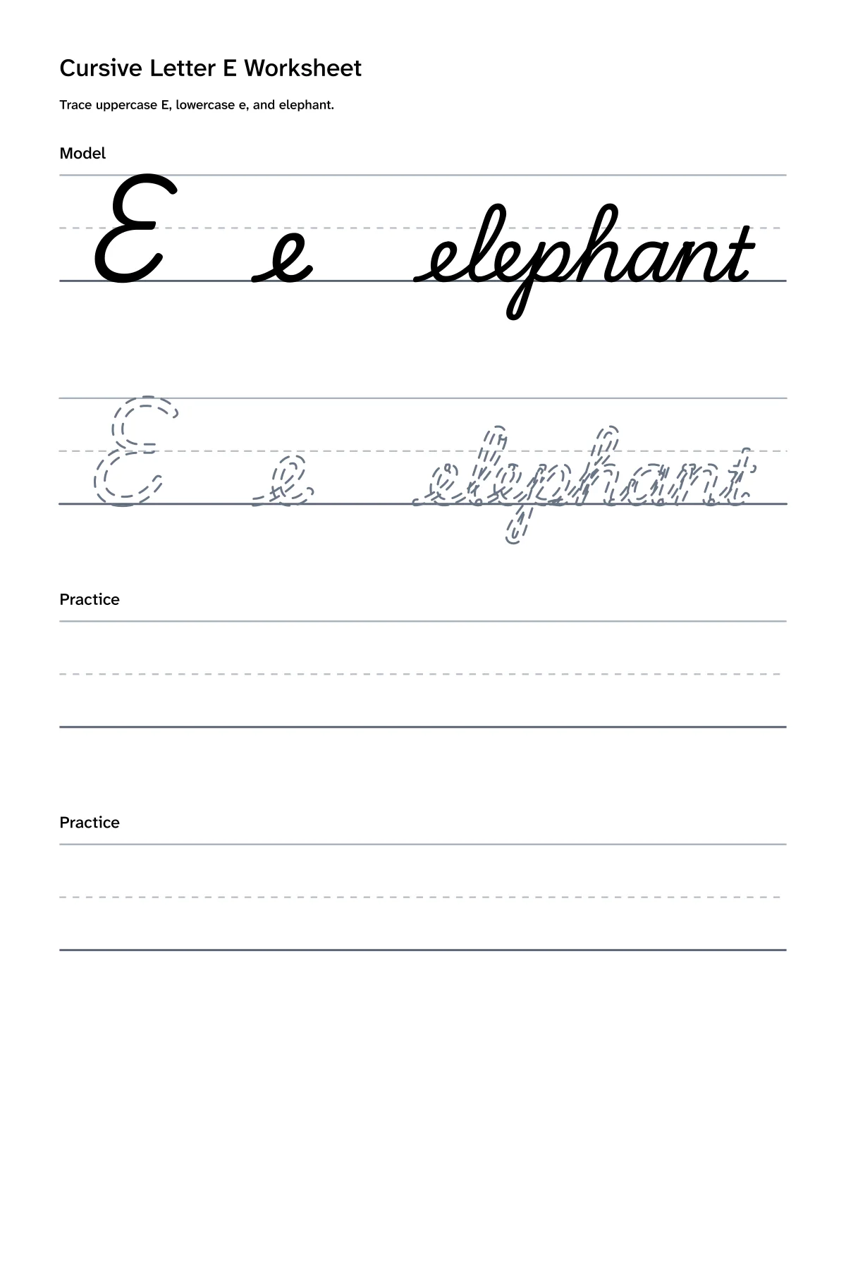 Printable cursive letter E worksheet with uppercase E, lowercase e, and elephant practice