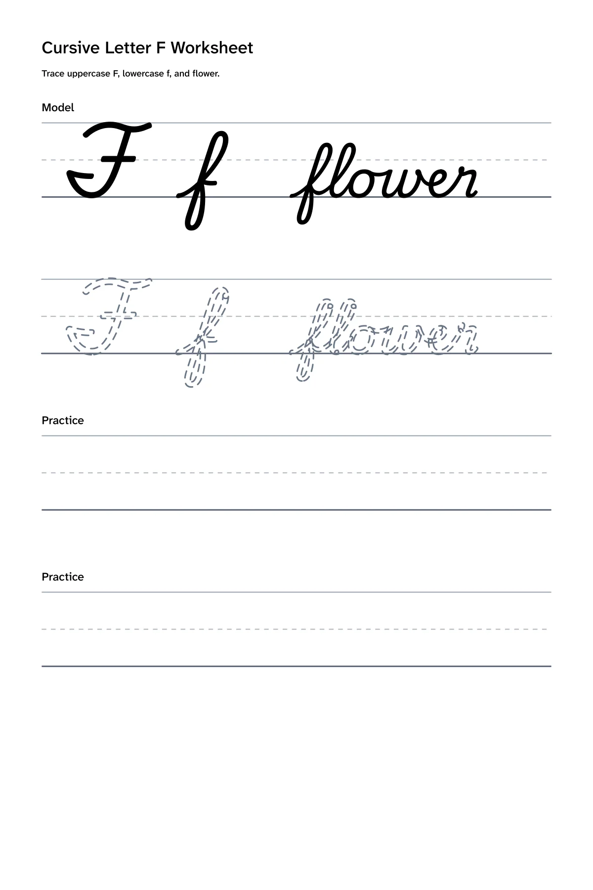 Printable cursive letter F worksheet with uppercase F, lowercase f, and flower practice