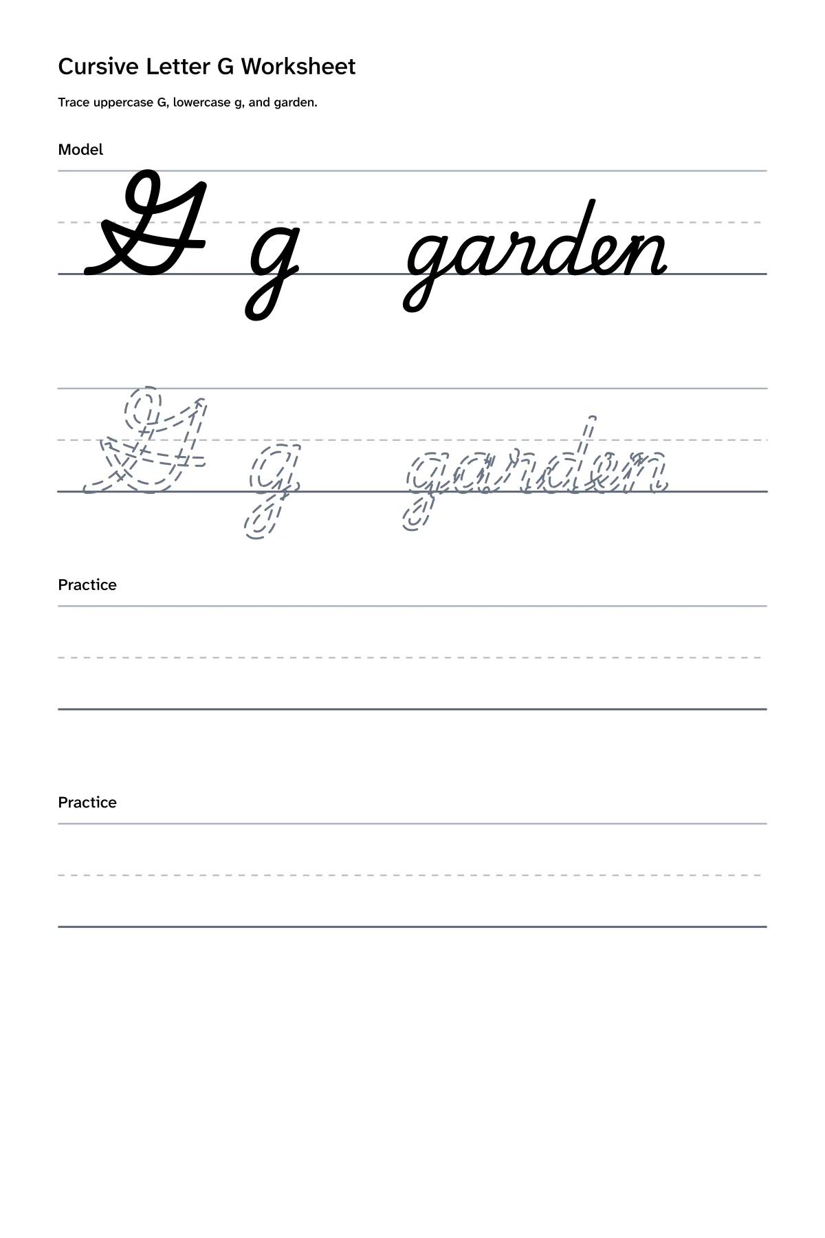 Printable cursive letter G worksheet with uppercase G, lowercase g, and garden practice