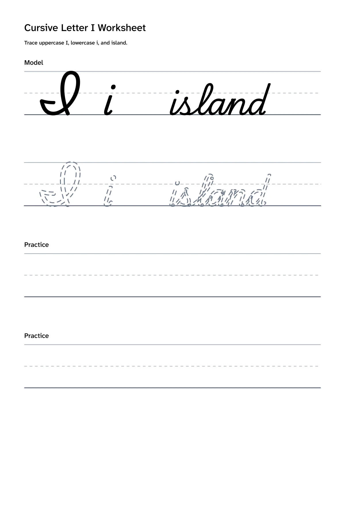 Printable cursive letter I worksheet with uppercase I, lowercase i, and island practice
