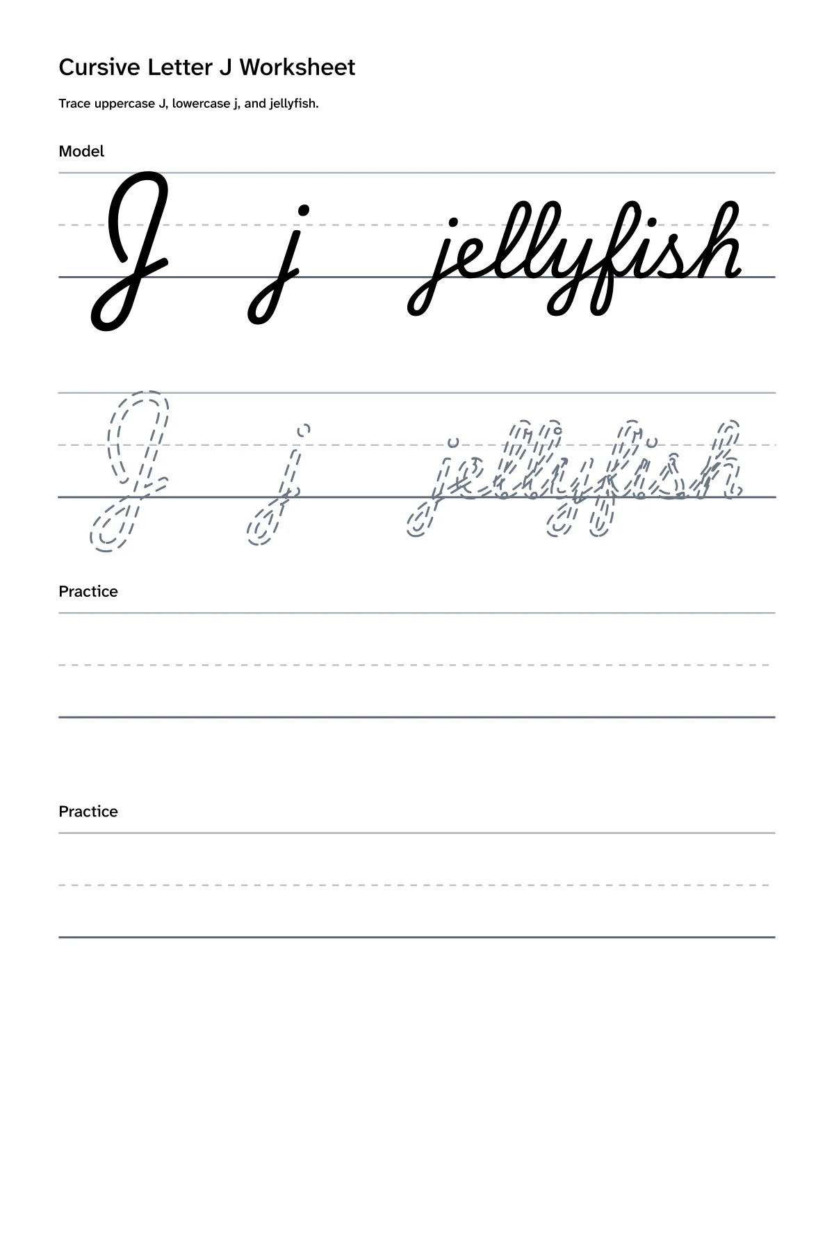 Printable cursive letter J worksheet with uppercase J, lowercase j, and jellyfish practice