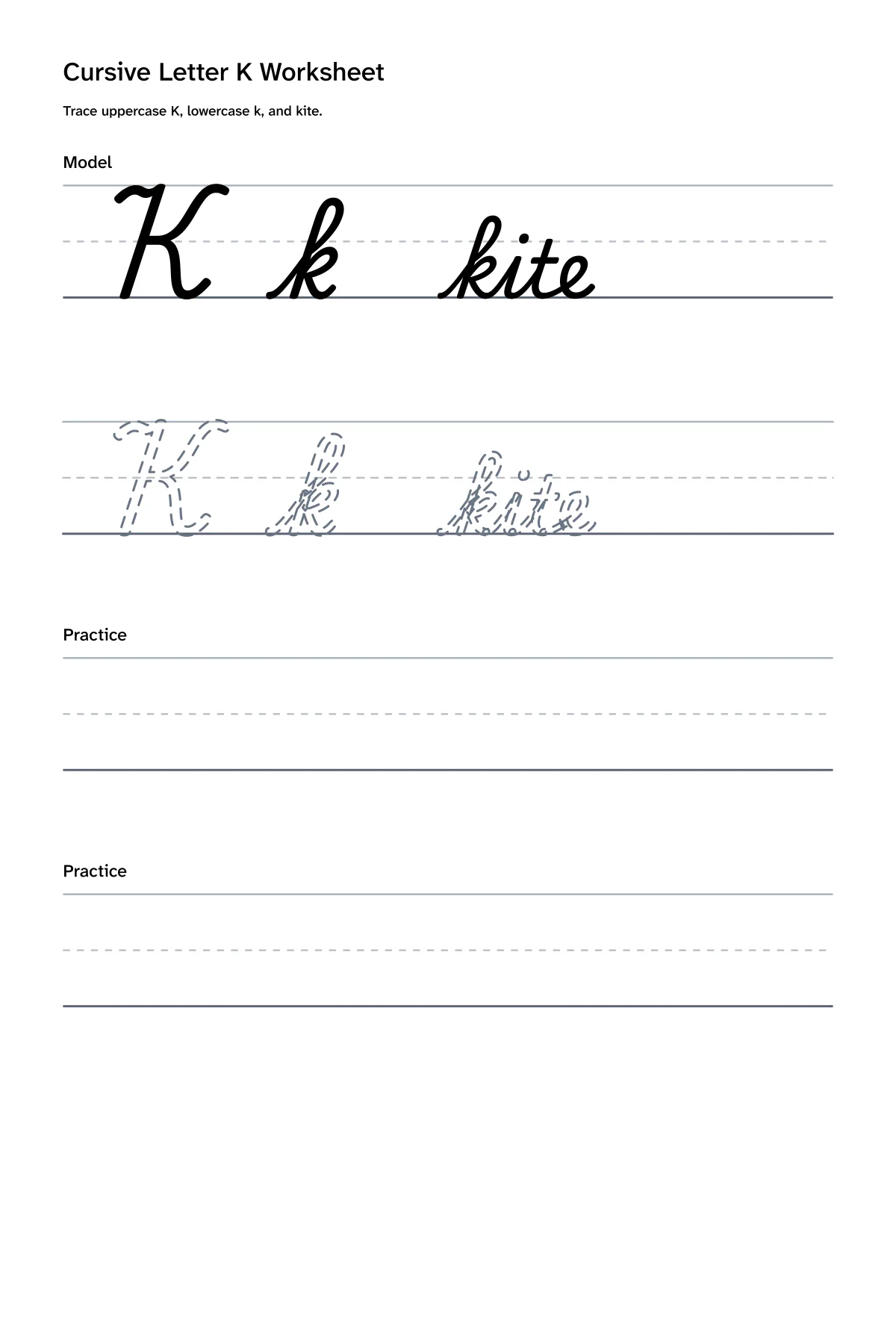 Printable cursive letter K worksheet with uppercase K, lowercase k, and kite practice