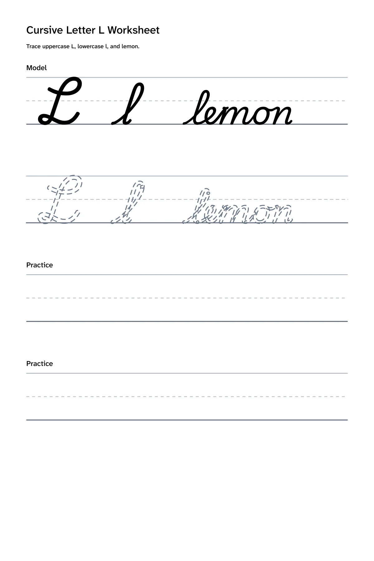Printable cursive letter L worksheet with uppercase L, lowercase l, and lemon practice
