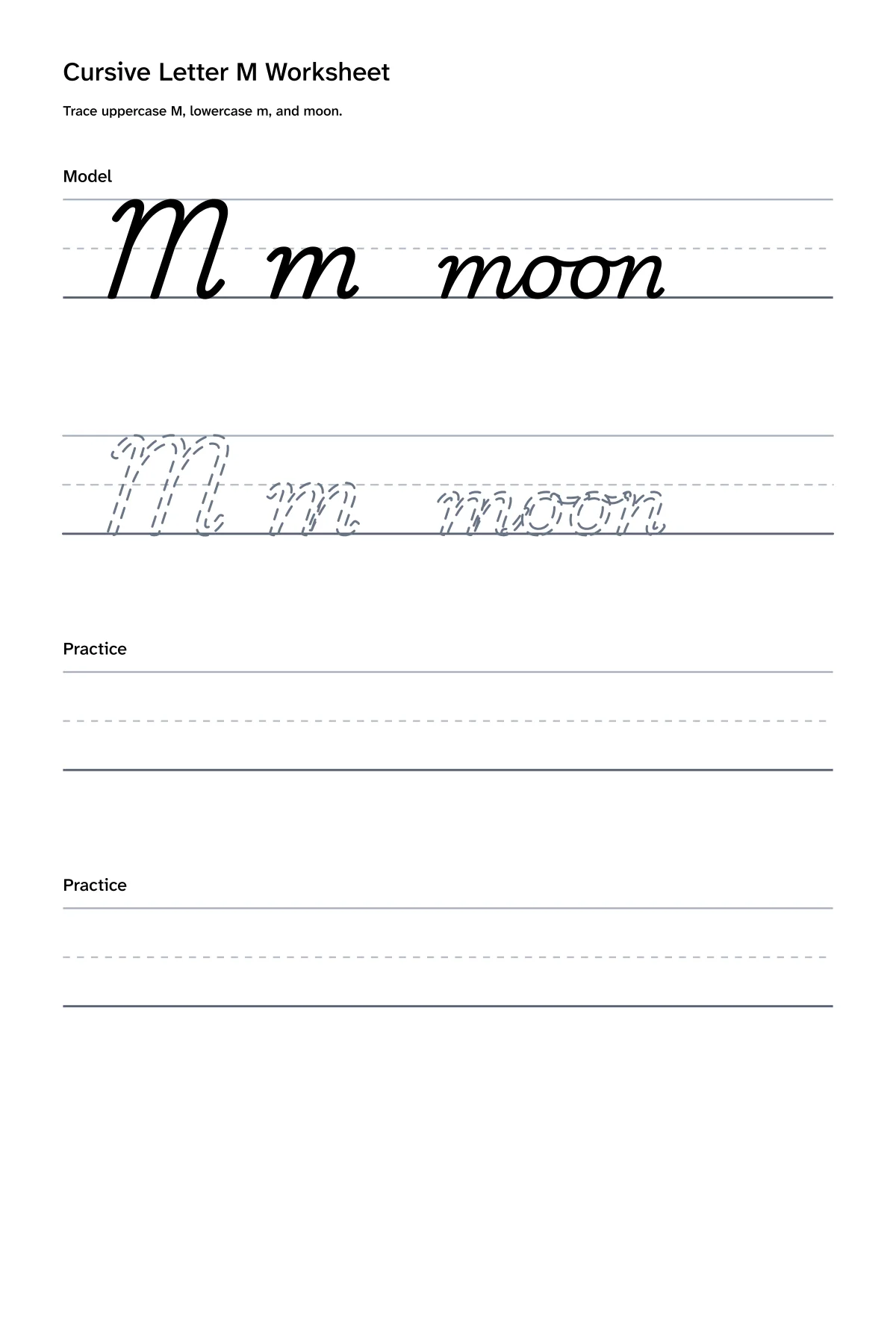 Printable cursive letter M worksheet with uppercase M, lowercase m, and moon practice