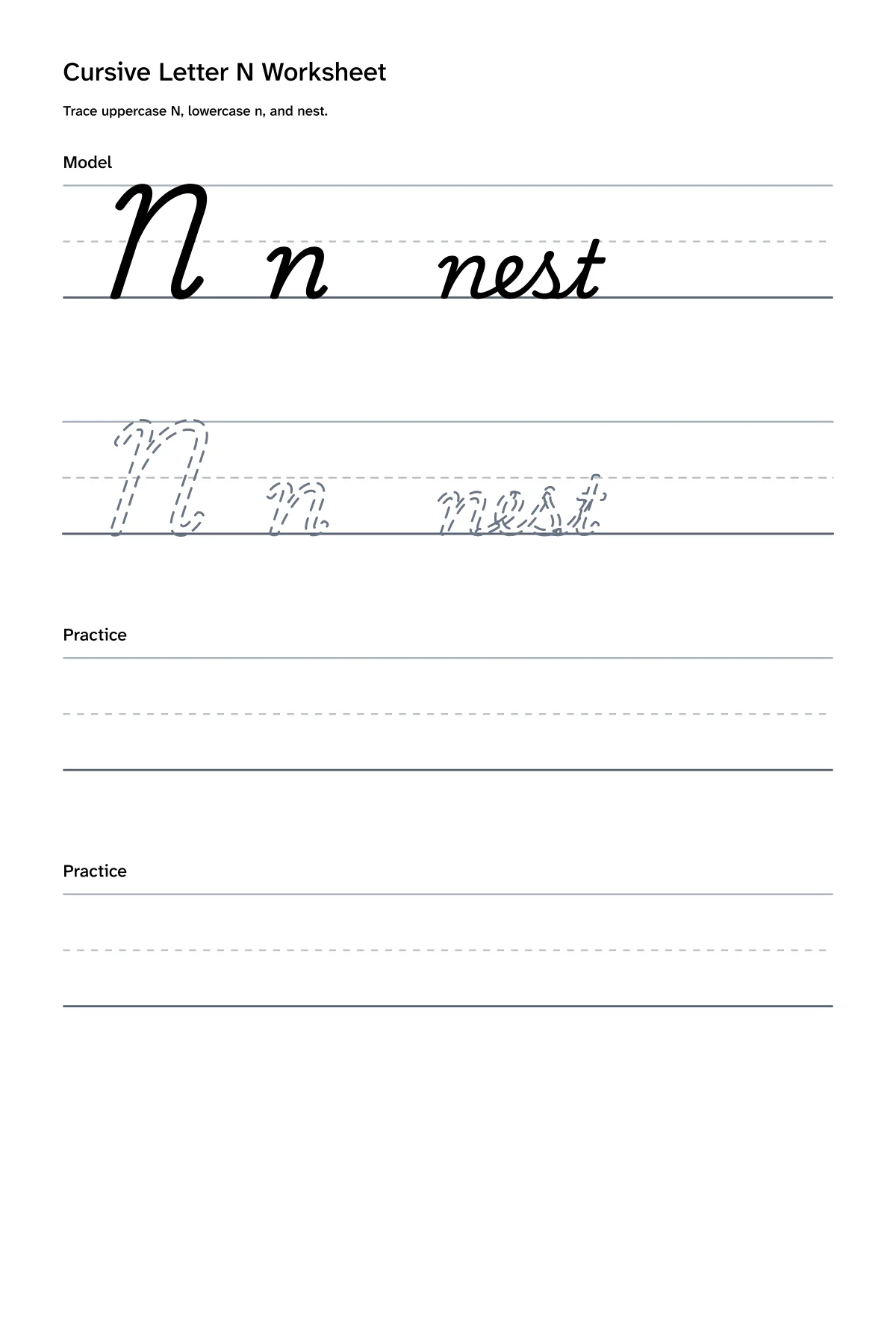 Printable cursive letter N worksheet with uppercase N, lowercase n, and nest practice