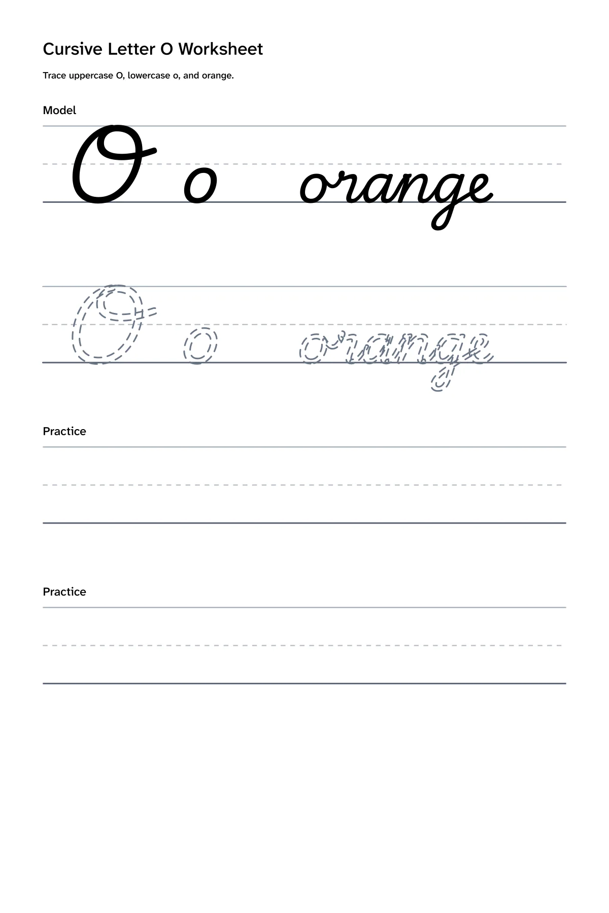 Printable cursive letter O worksheet with uppercase O, lowercase o, and orange practice