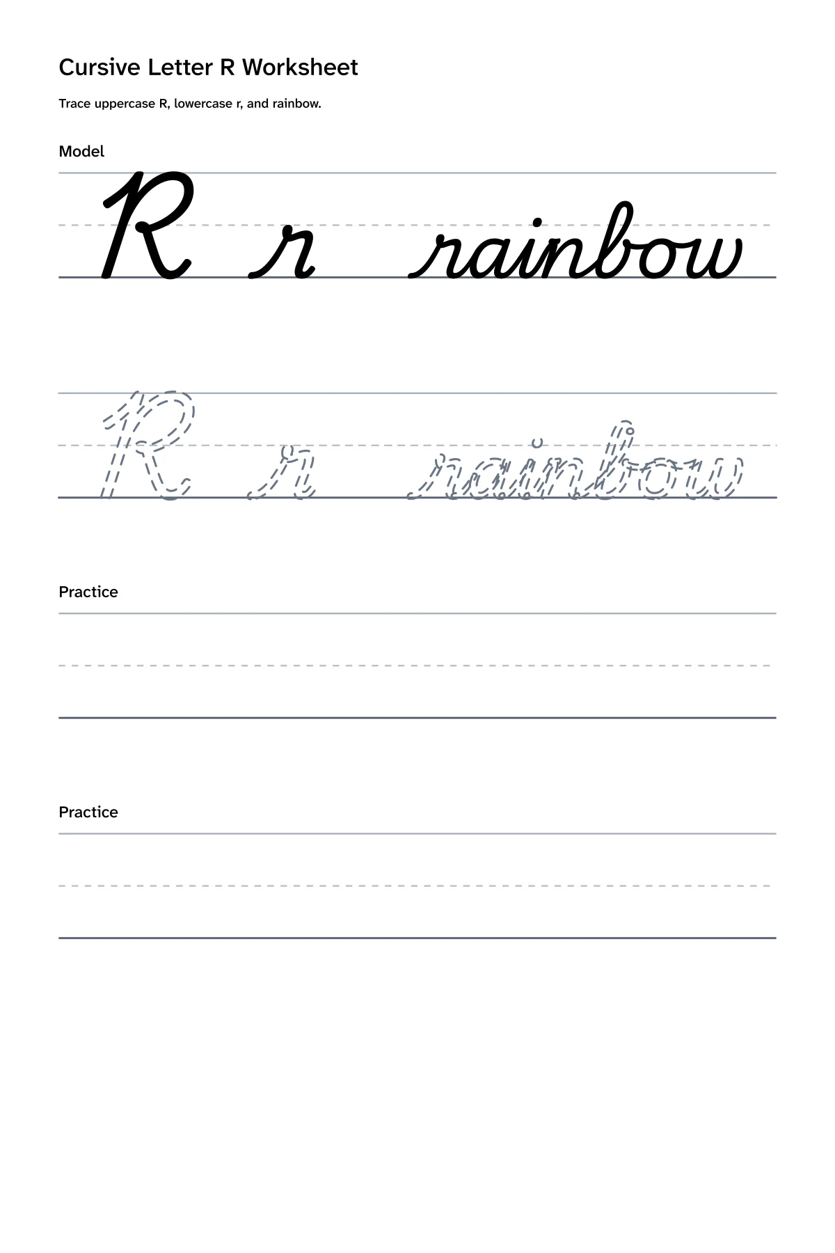 Printable cursive letter R worksheet with uppercase R, lowercase r, and rainbow practice