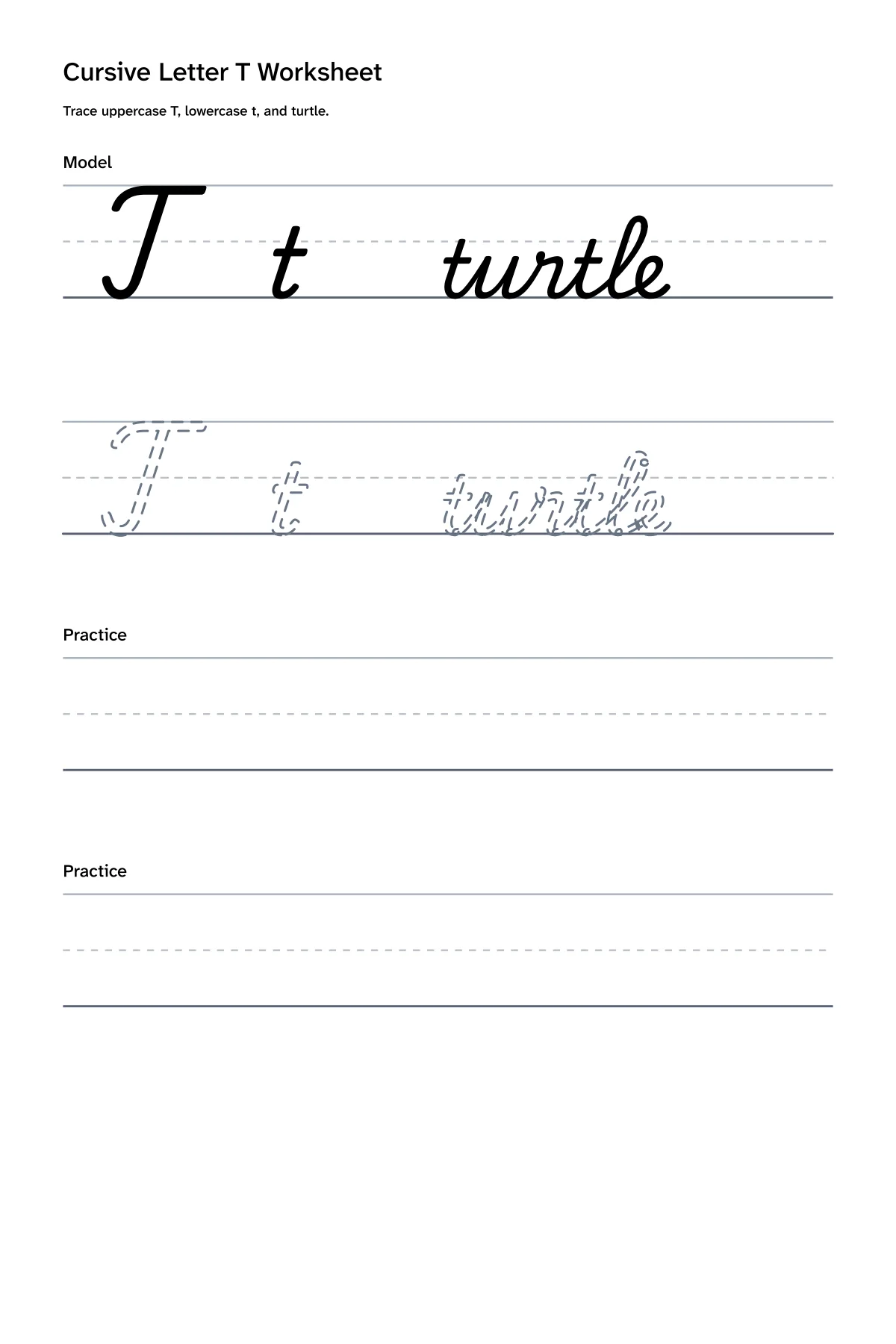 Printable cursive letter T worksheet with uppercase T, lowercase t, and turtle practice