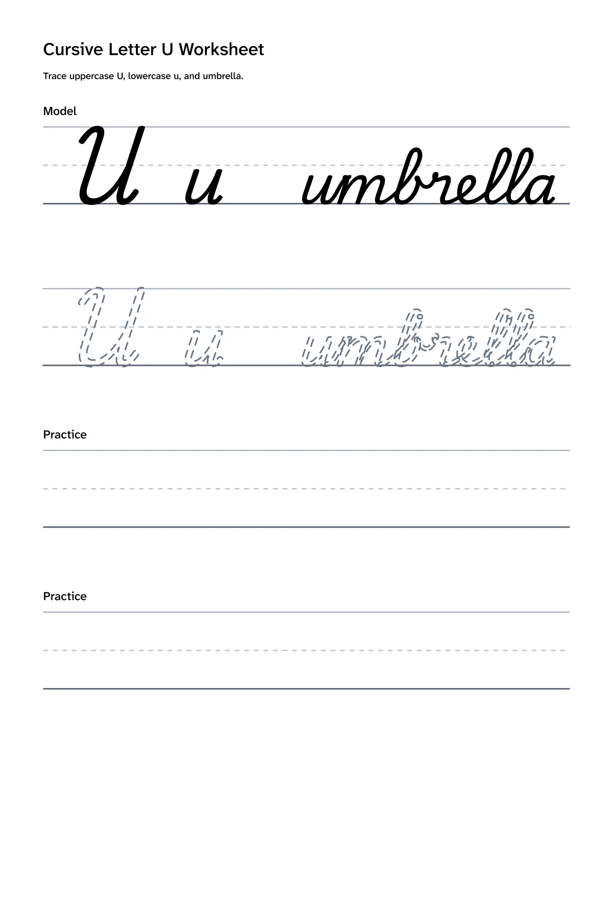 Printable cursive letter U worksheet with uppercase U, lowercase u, and umbrella practice