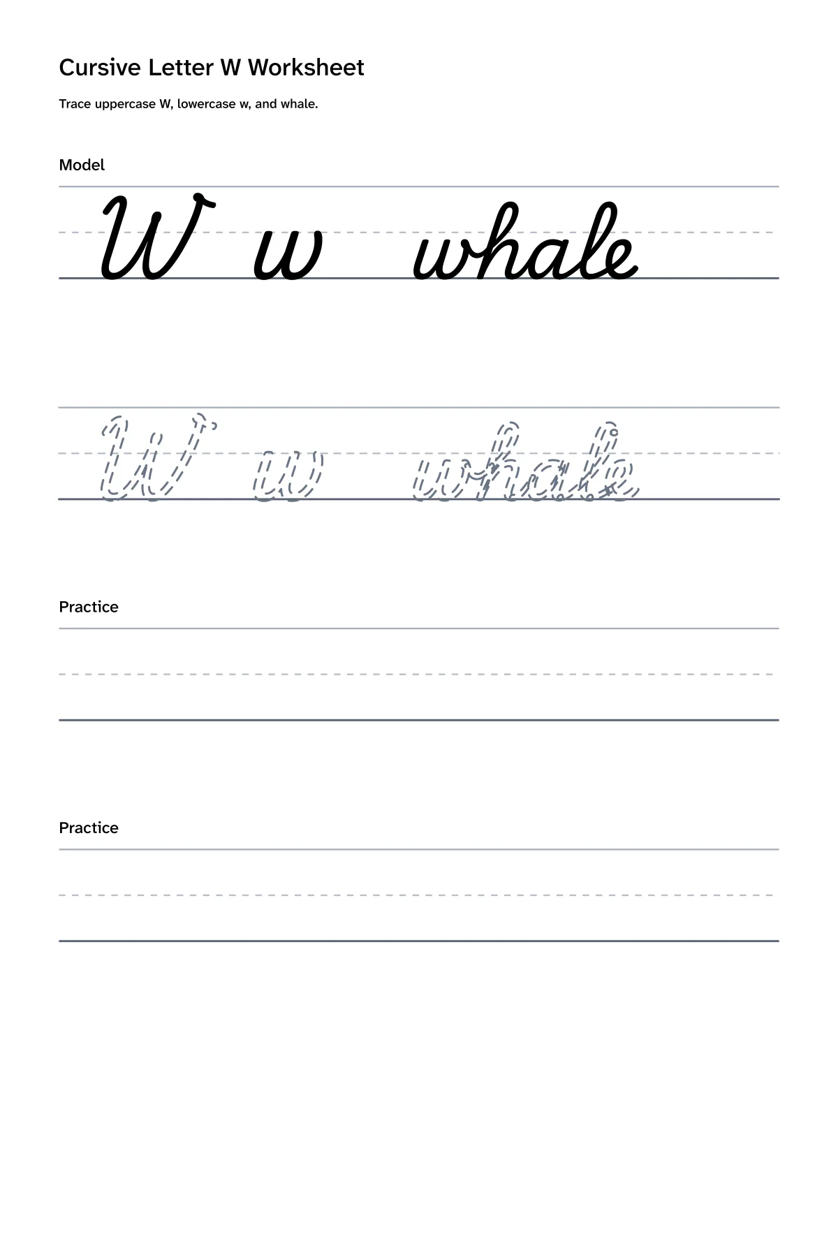 Printable cursive letter W worksheet with uppercase W, lowercase w, and whale practice