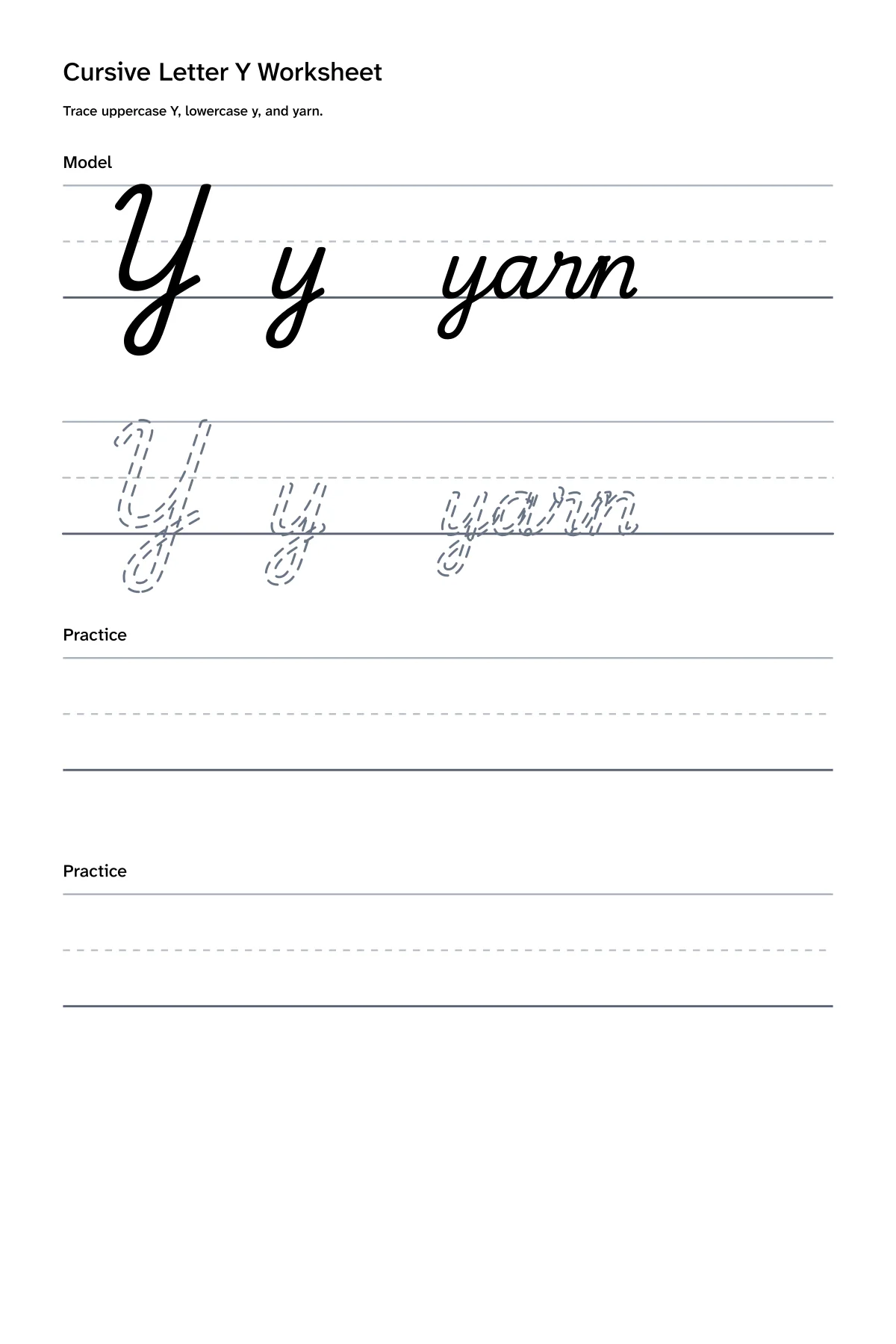 Printable cursive letter Y worksheet with uppercase Y, lowercase y, and yarn practice