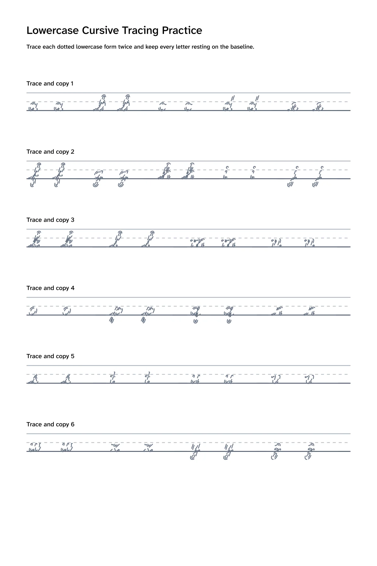 Printable lowercase cursive tracing worksheet with letters a through z