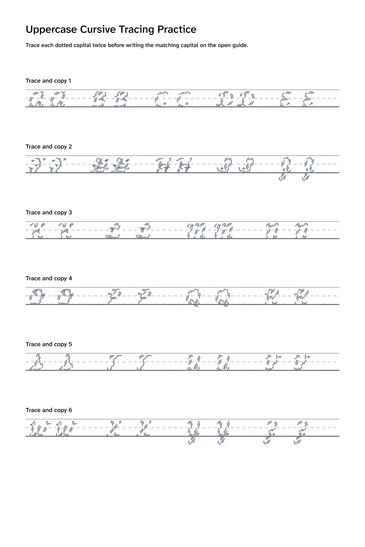 Printable uppercase cursive tracing worksheet with capital letters A through Z
