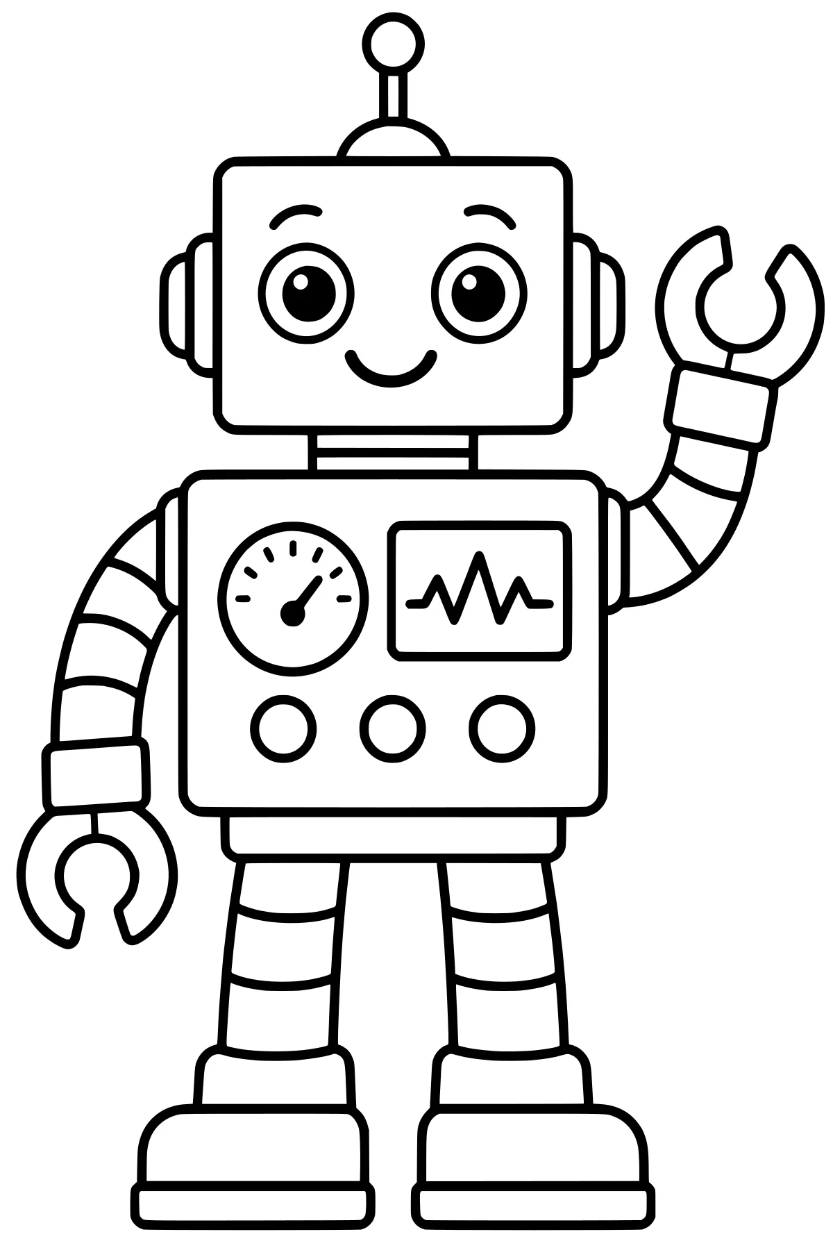 Retro robot with a raised claw, antenna, segmented arms and legs, large eyes, boots, gauge, waveform display, and round control buttons.