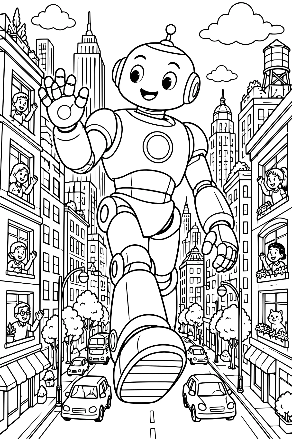 A towering robot walks down a city street with one hand raised as people wave from windows, surrounded by cars, trees, streetlights, skyscrapers, and a rooftop water tower.