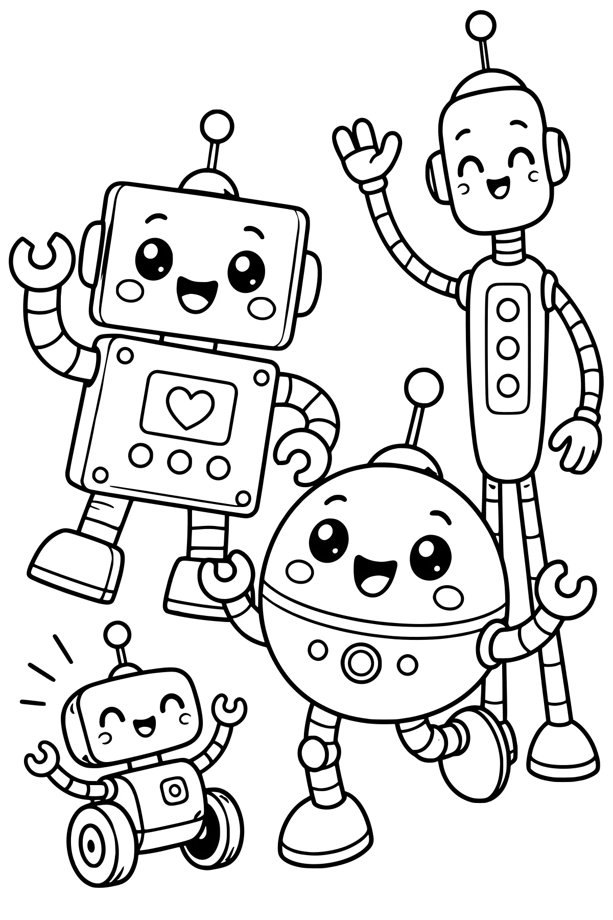 Kawaii robots with antennas, segmented limbs, buttons, wheels, rounded bodies, waving hands, and cheerful face details.