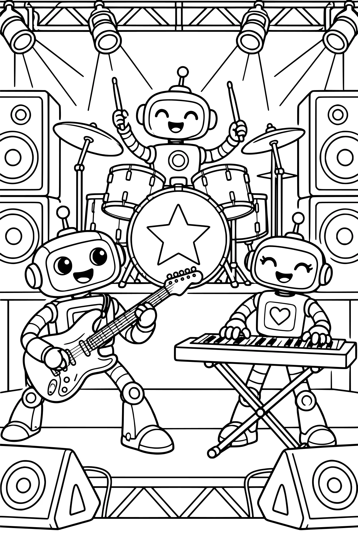 Robot band performing with drums, electric guitar, and keyboard on a stage surrounded by spotlights and large speakers.