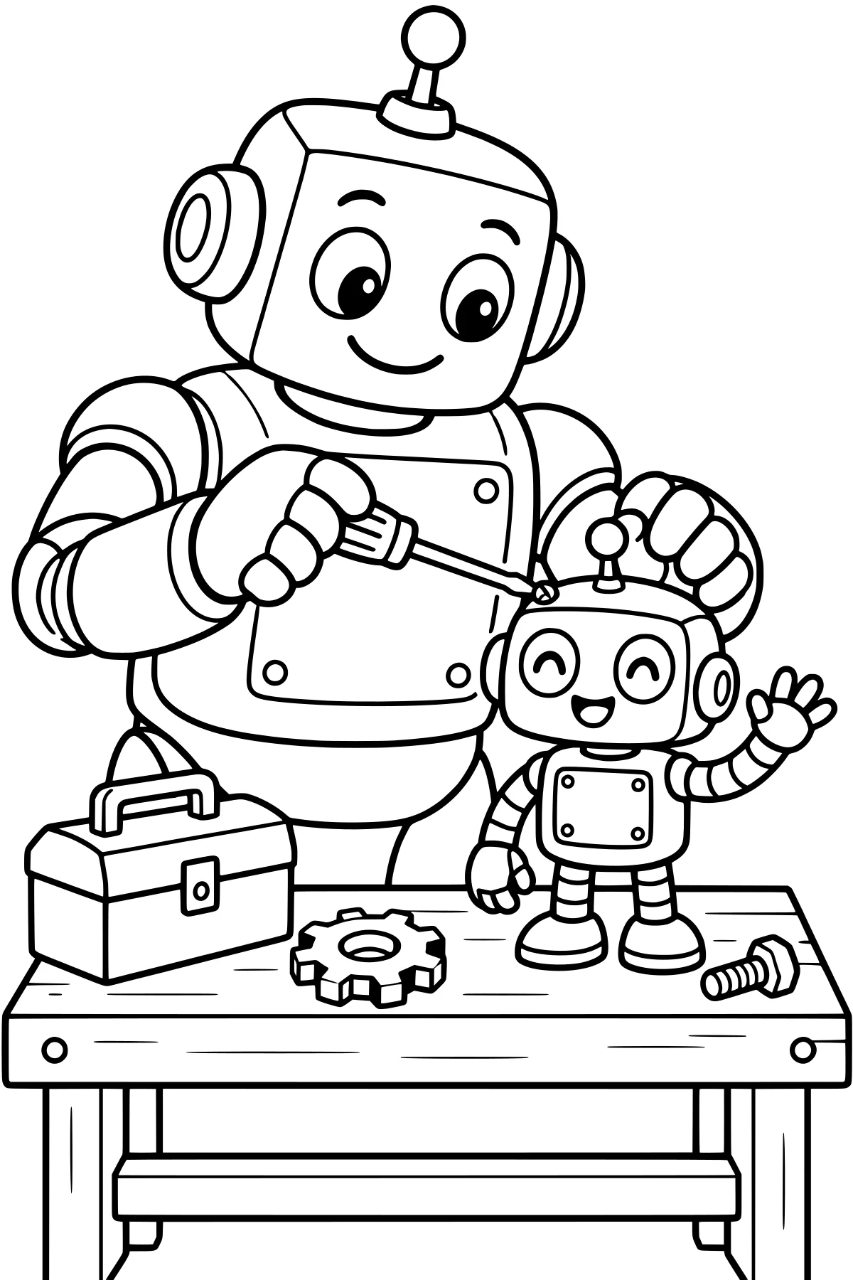 Large robot using a screwdriver beside a small robot on a workbench with a toolbox, gear, and bolt nearby.