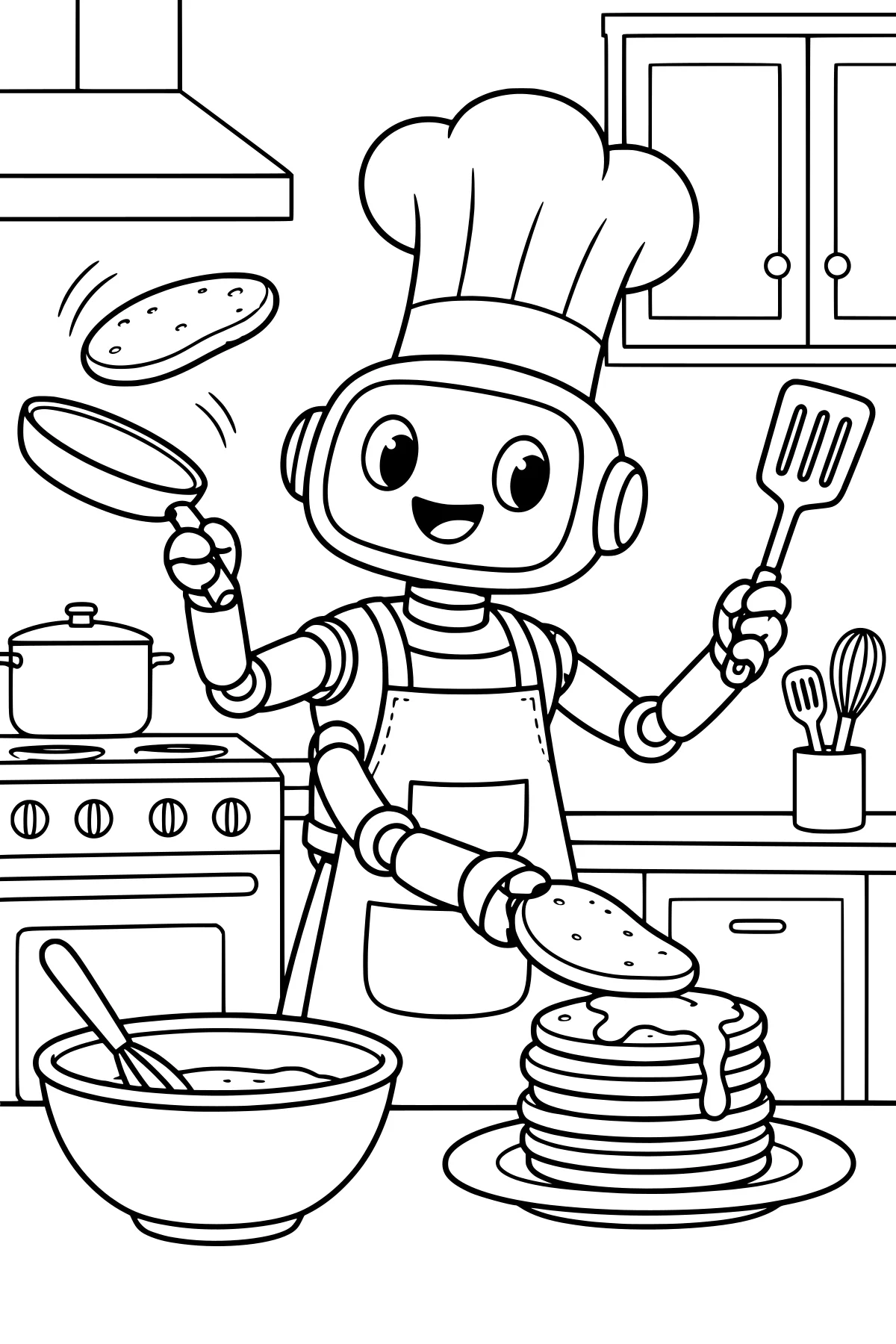 Robot chef wearing a tall hat and apron, flipping a pancake in a kitchen with a stove, mixing bowl, utensils, and a syrup-topped pancake stack.