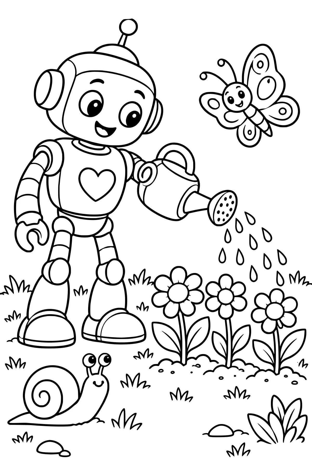 Robot holding a watering can over garden flowers, with a butterfly above, a snail below, and grass, leafy plants, water drops, and stones nearby.