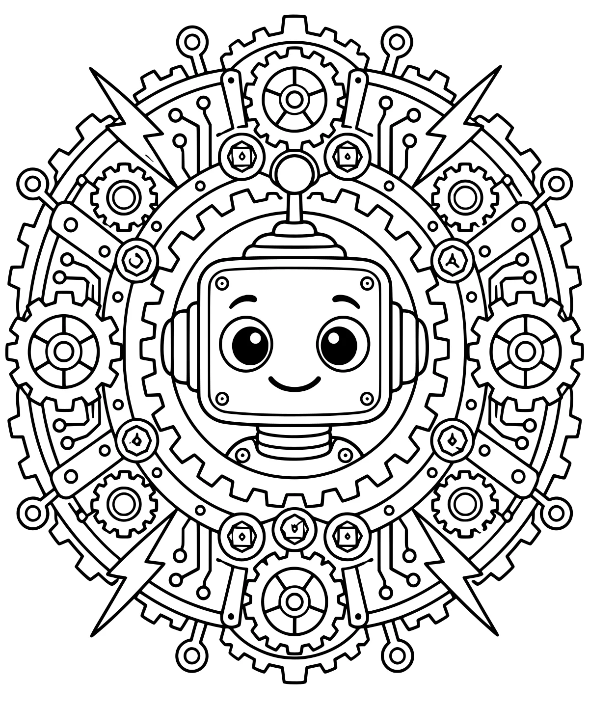 Round robot head with large eyes and a curved mouth, surrounded by concentric gears, circuit panels, rivets, antenna-like nodes, and lightning-bolt shapes.