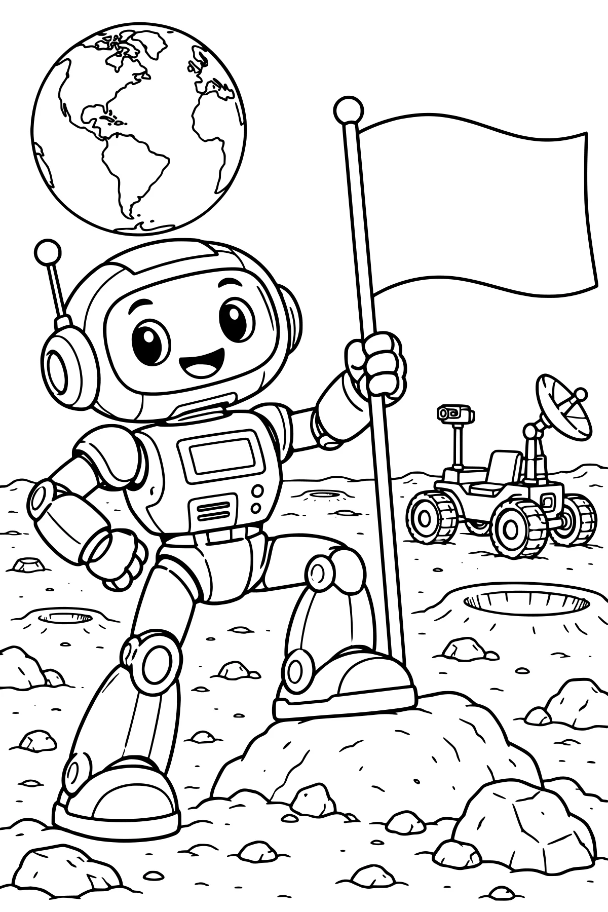 Robot holding a blank flag on the rocky Moon, with Earth overhead and a rover near craters in the background.