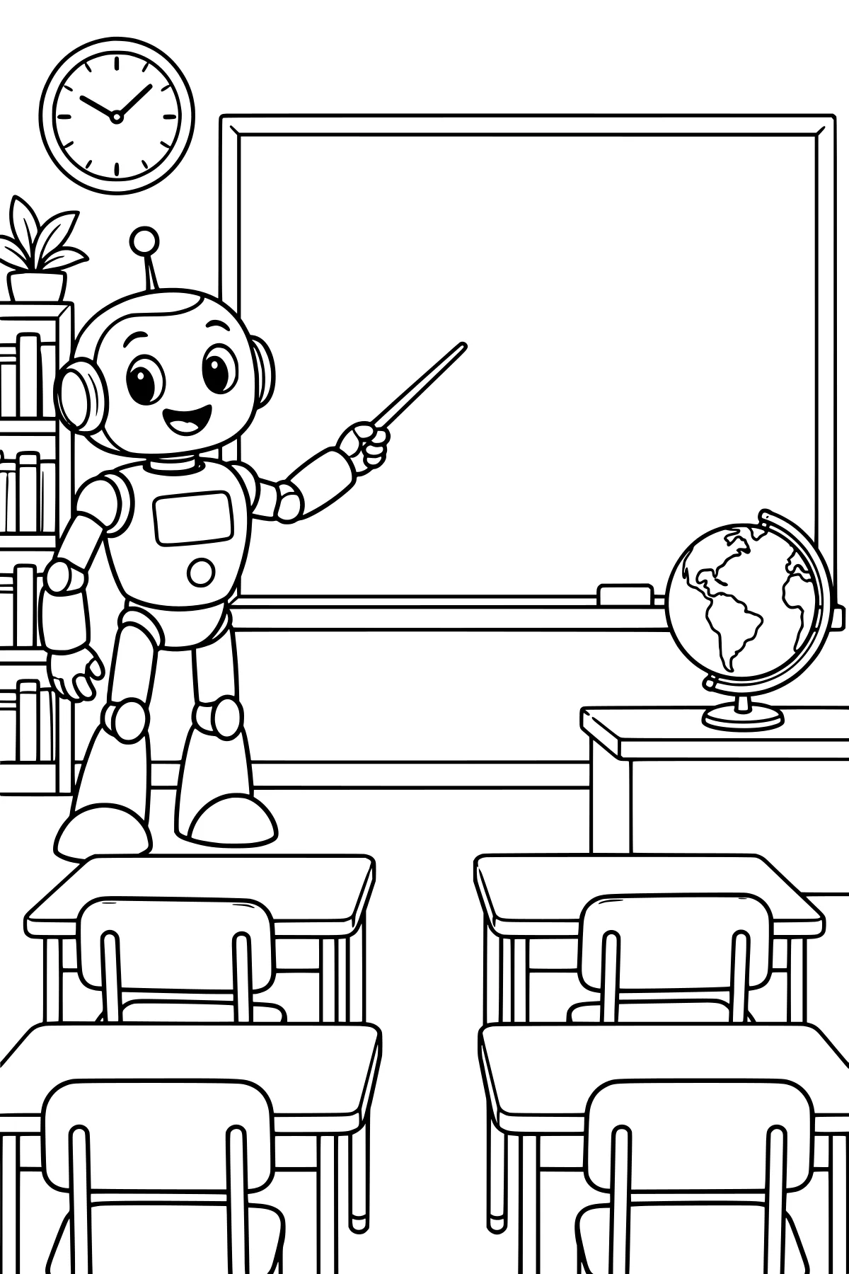 Robot pointing at a large blank classroom board, with a globe on a table, desks and chairs, a wall clock, and a bookshelf with books and a plant.