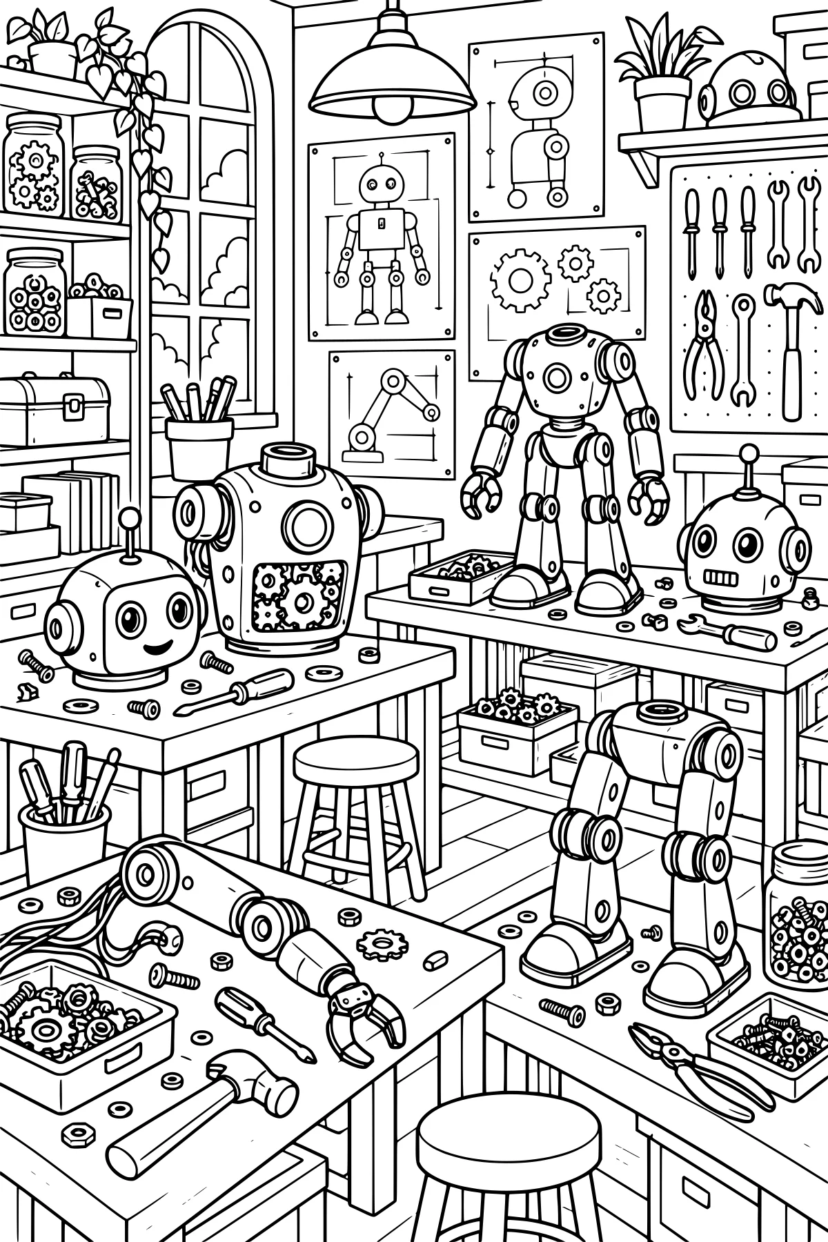 A detailed robot workshop with robots, mechanical parts, gears, tools, workbenches, shelves, storage jars, diagrams, stools, a window, and a hanging lamp.