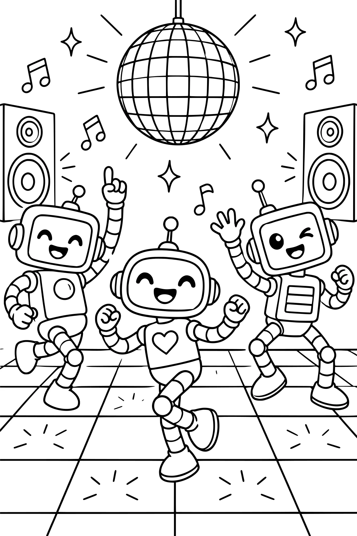 Dancing robots on a tiled floor beneath a disco ball, with large speakers, musical notes, sparkles, and raised mechanical arms.