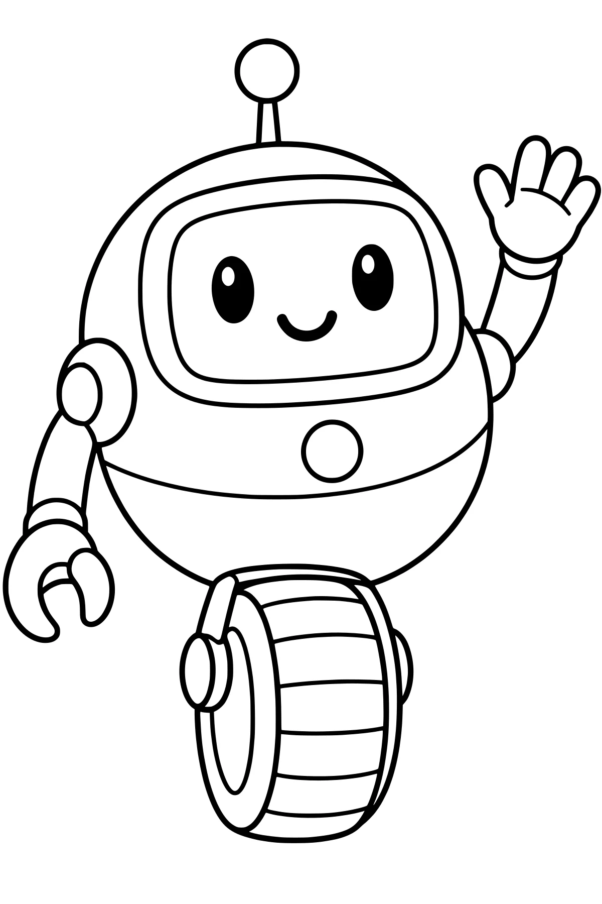 Round robot waving with a raised gloved hand, framed face screen, antenna, jointed arms, chest button, and wide treaded wheel.