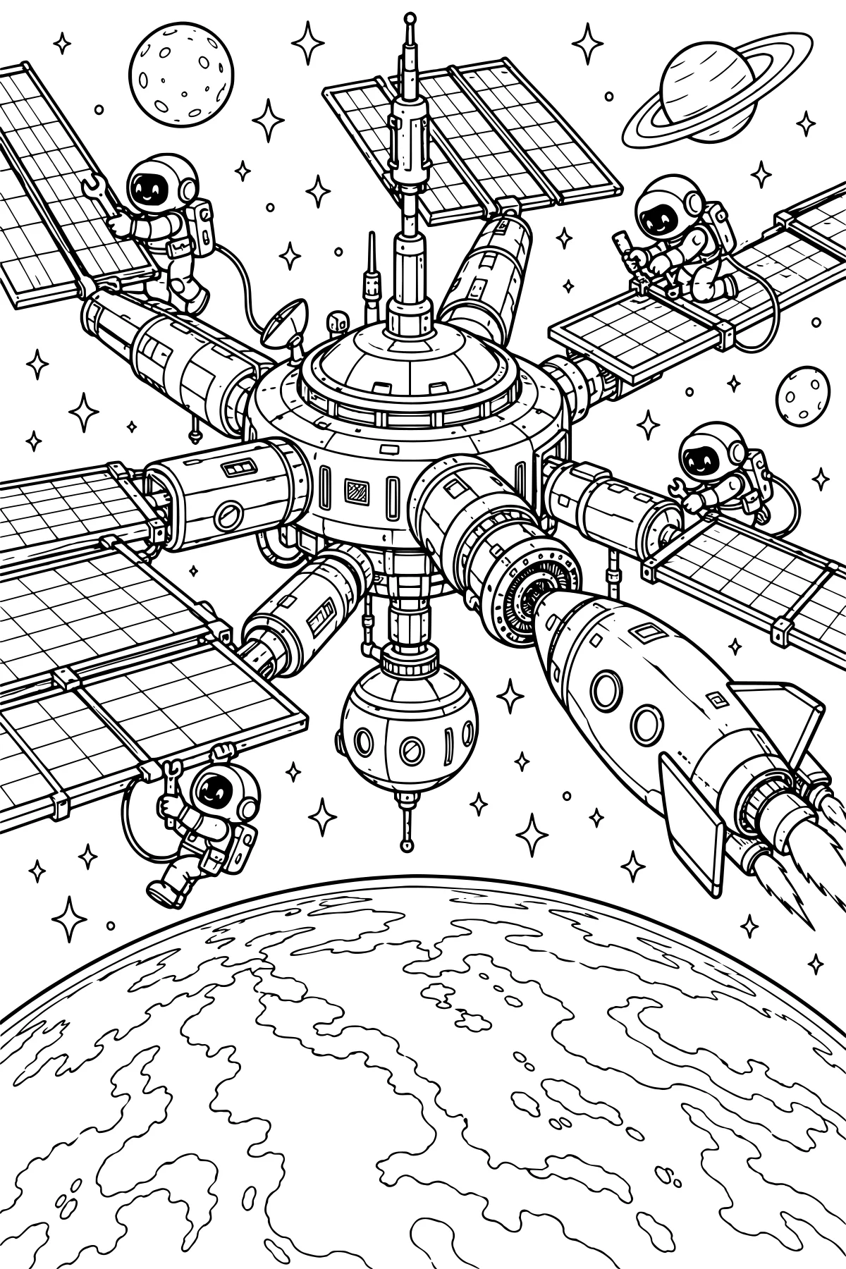 Orbital space station with robots, solar panels, cylindrical modules, a rocket, stars, moons, a ringed planet, and a large planet below
