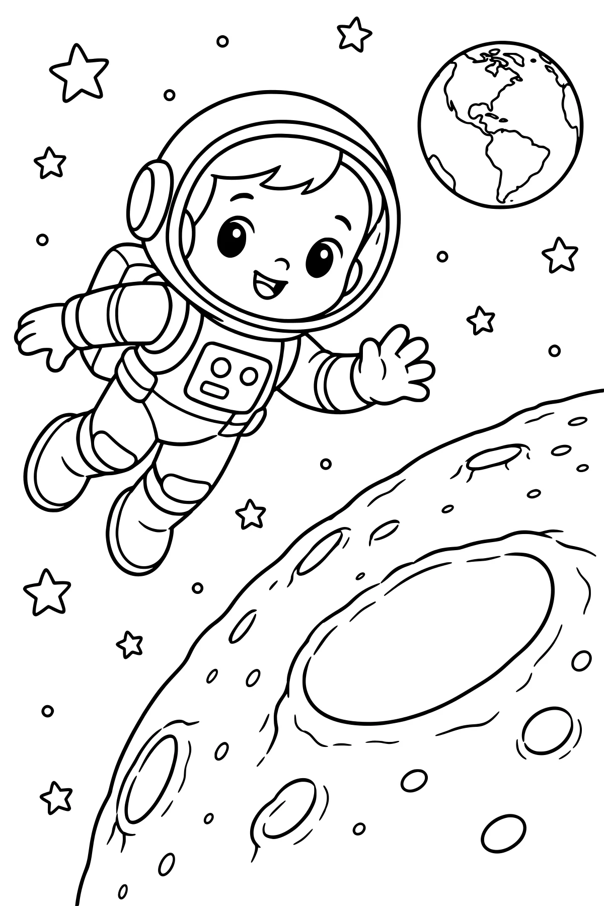 Cartoon astronaut floating near a cratered moon surface with Earth in the background