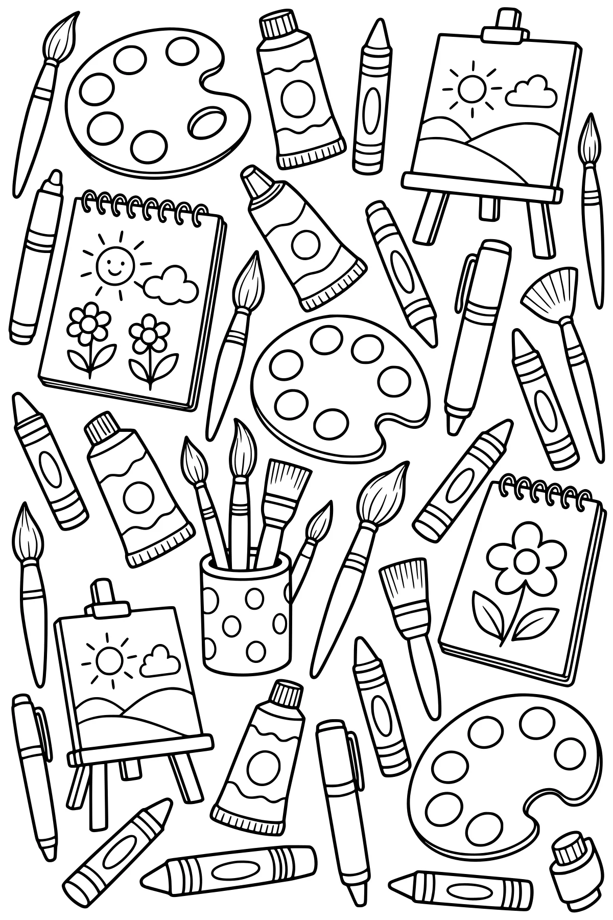 Black-and-white doodle pattern of paint palettes, brushes, crayons, tubes, sketchbooks, easels, markers, pencils, and a dotted brush cup.