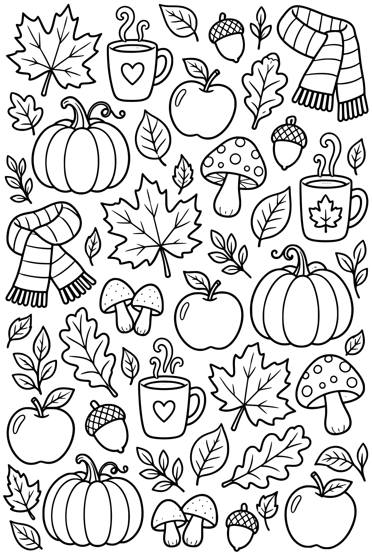 Autumn doodles with pumpkins, apples, steaming mugs, scarves, acorns, mushrooms, maple leaves, oak leaves, and leafy sprigs.