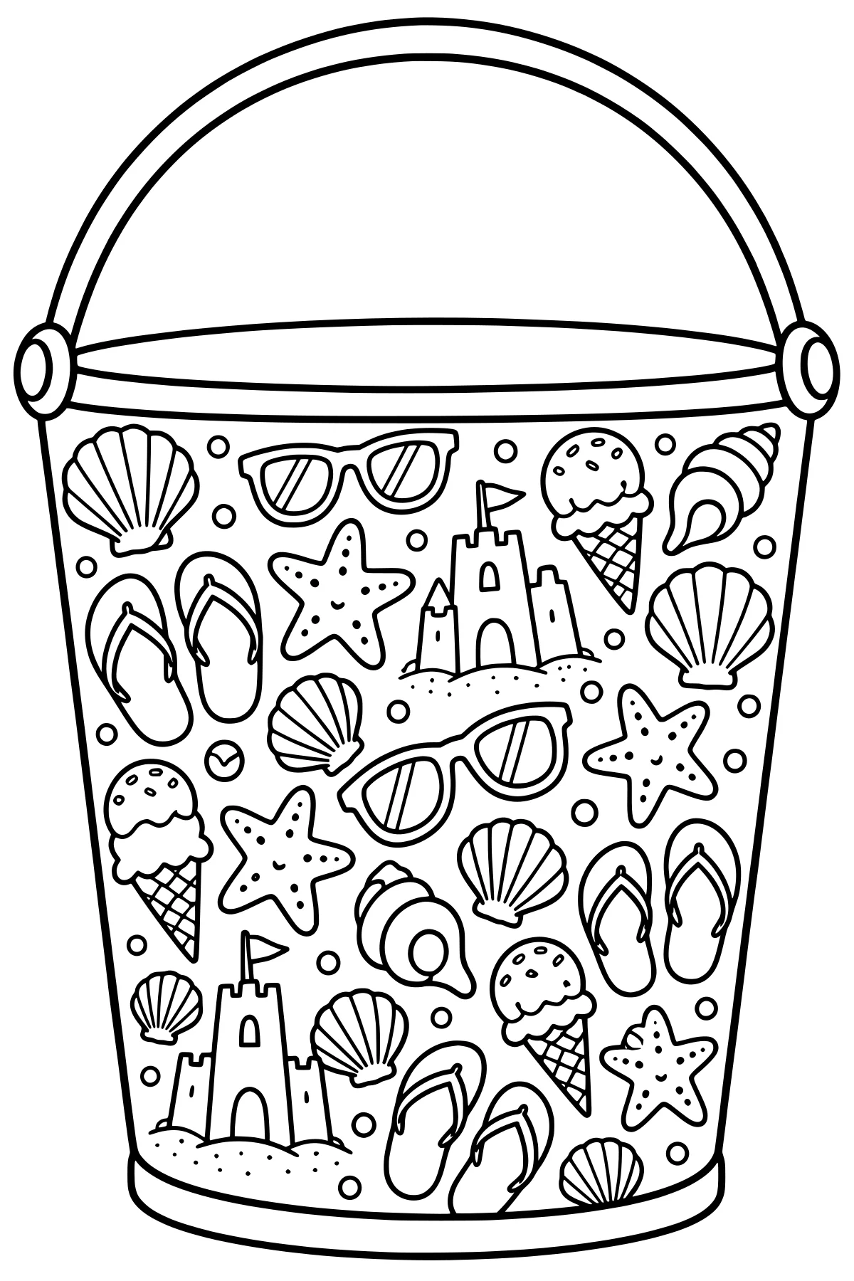Handled bucket filled with shells, sunglasses, flip-flops, starfish, sandcastles, ice cream cones, and small bubbles.
