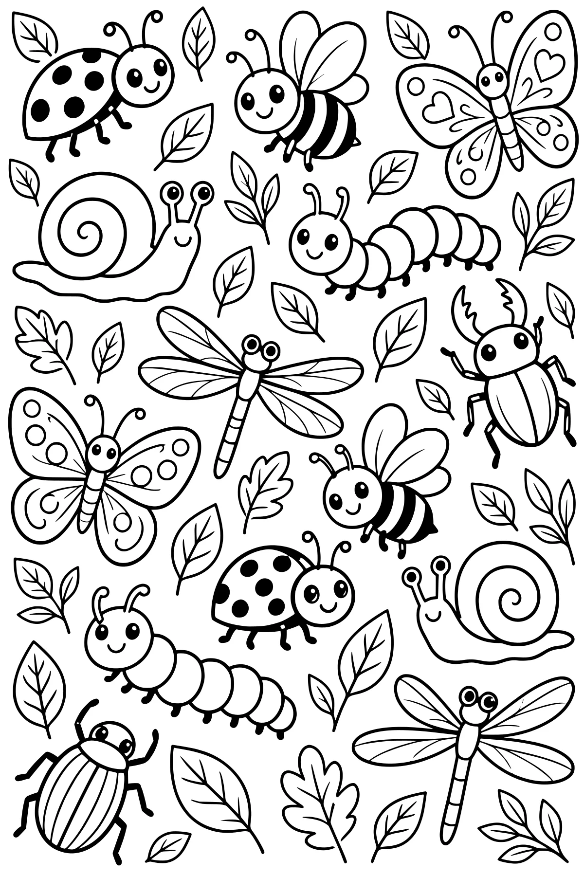 Black-and-white doodle pattern of ladybugs, bees, butterflies, caterpillars, beetles, dragonflies, snails, and scattered leaves.