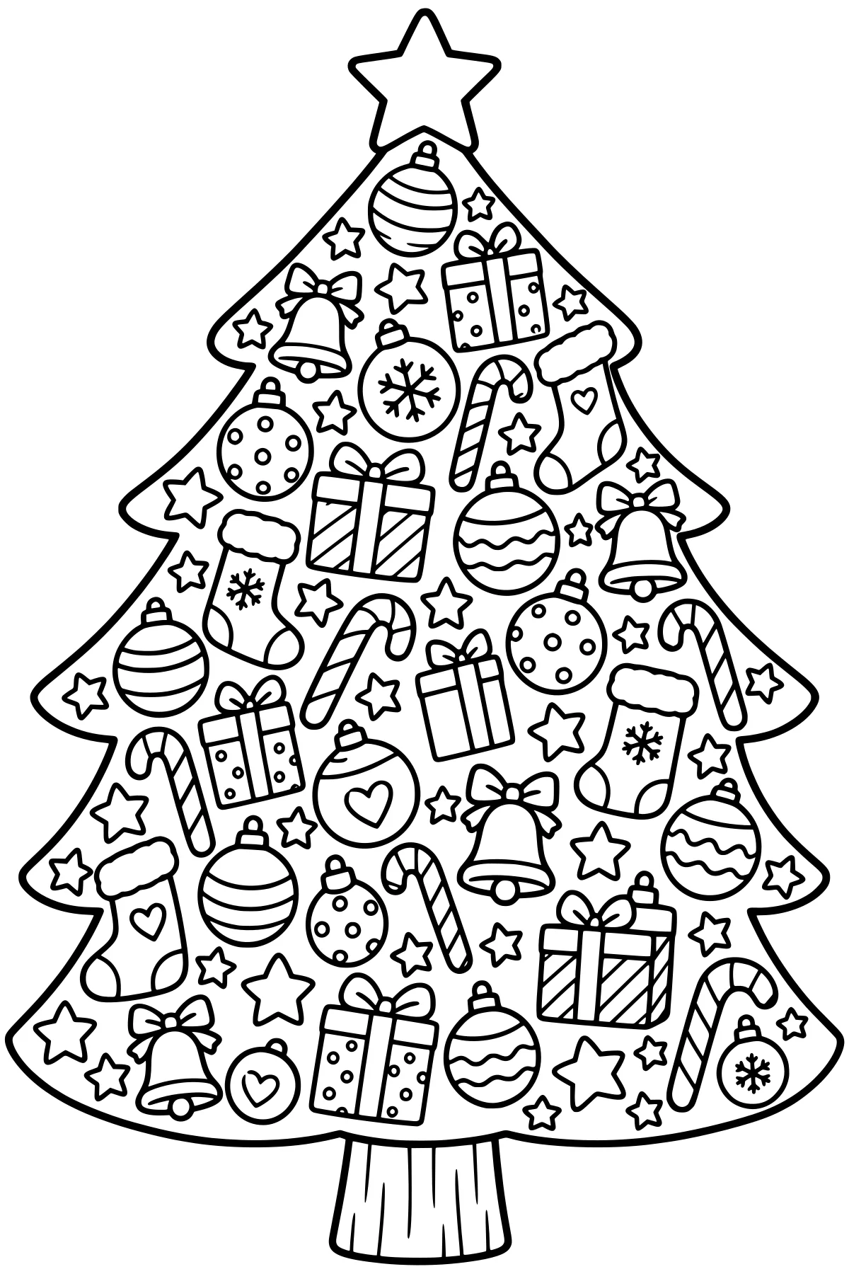 Christmas tree silhouette filled with baubles, bells, gifts, candy canes, stockings, bows, and stars, topped by a large star.