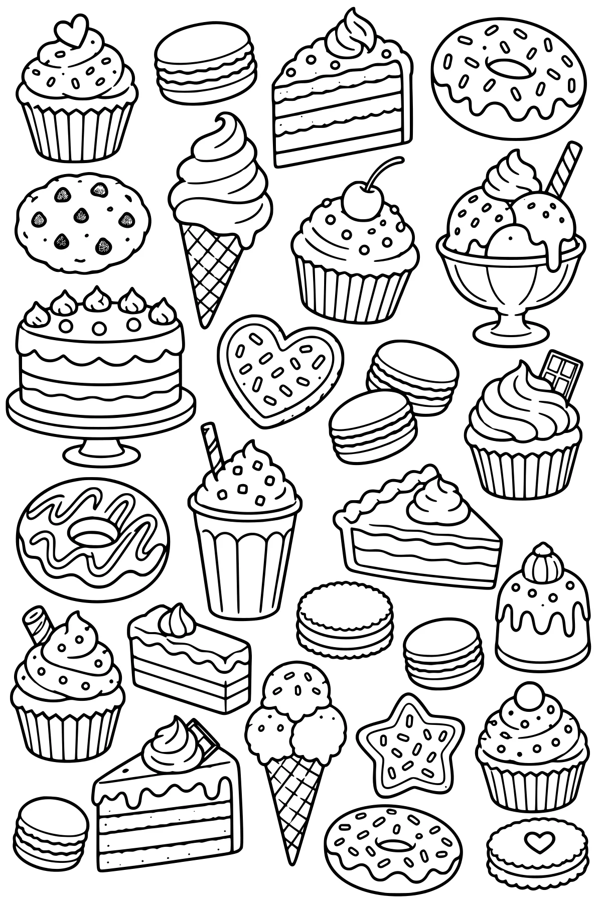 Assorted outlined desserts including cupcakes, cakes, donuts, macarons, cookies, ice cream cones, and a sundae with frosting and sprinkles.