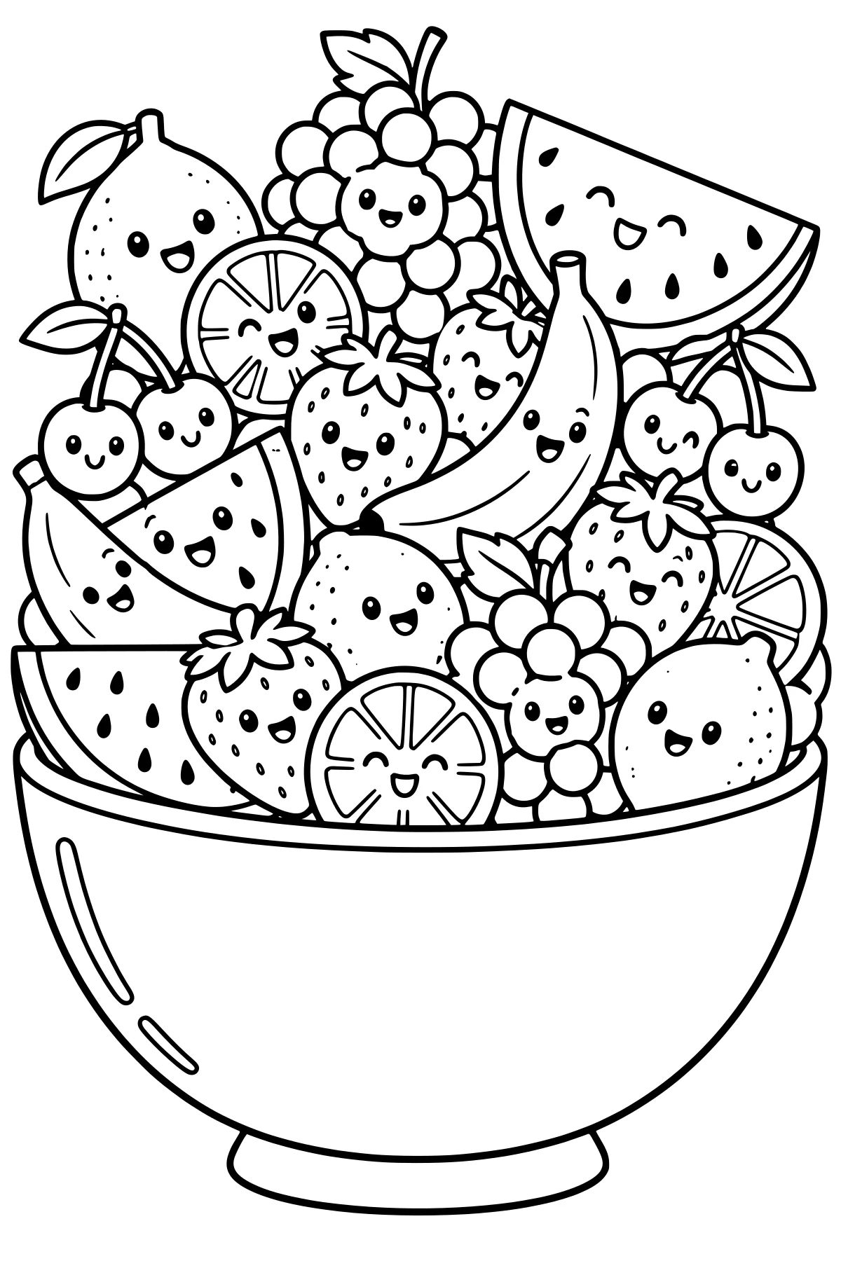 Black-and-white line art of a bowl overflowing with watermelon, strawberries, cherries, grapes, a banana, citrus slices, leaves, seeds, and cartoon faces.