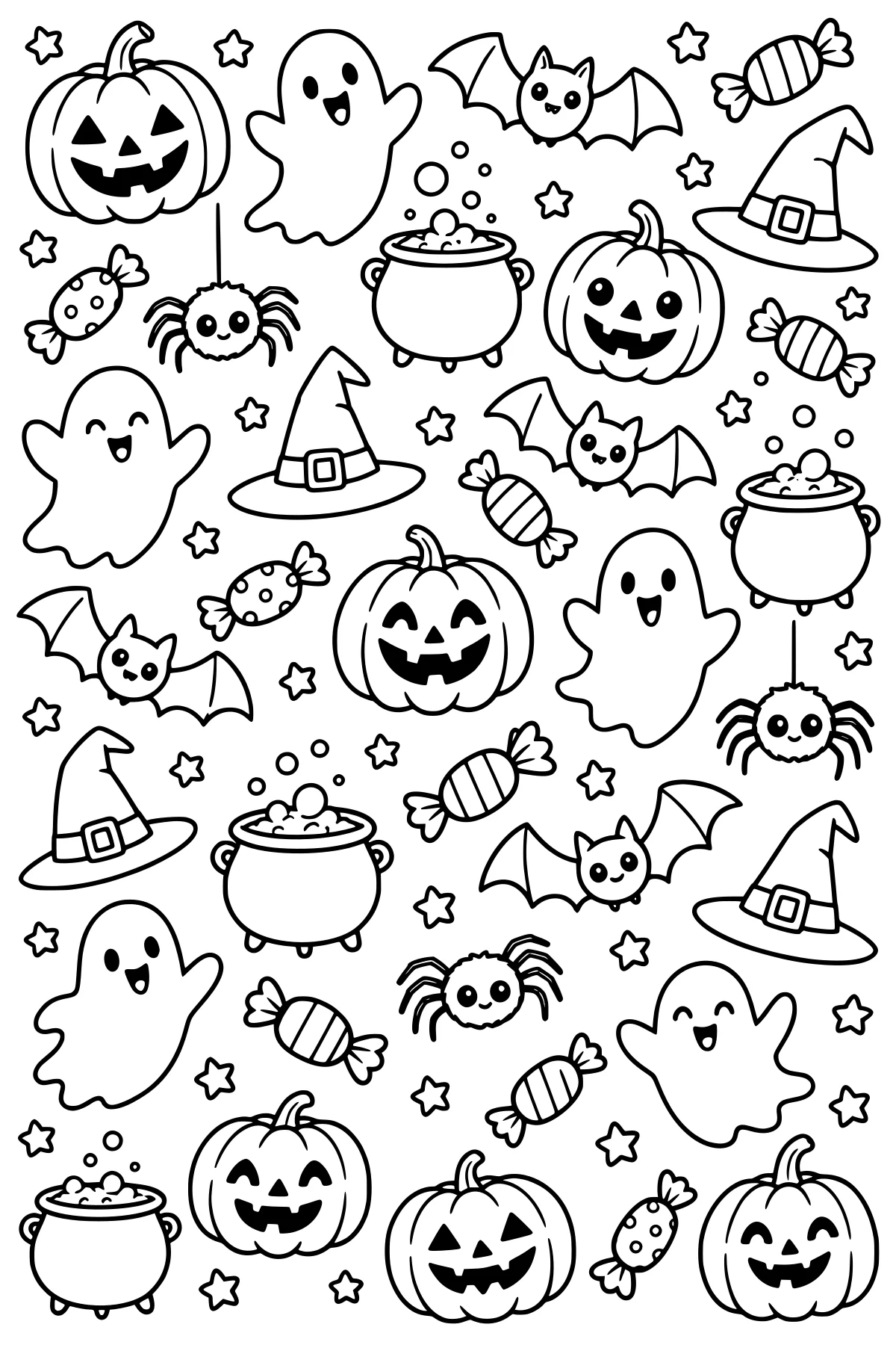 Halloween pattern with jack-o’-lanterns, ghosts, bats, spiders, witch hats, bubbling cauldrons, wrapped candy, and stars.