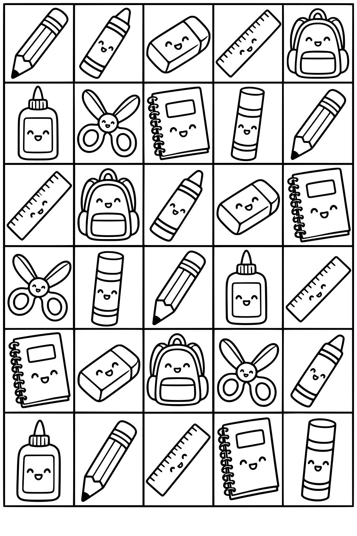 Grid of outlined school supplies with smiling faces, including pencils, crayons, erasers, rulers, backpacks, glue bottles, scissors, and spiral notebooks.