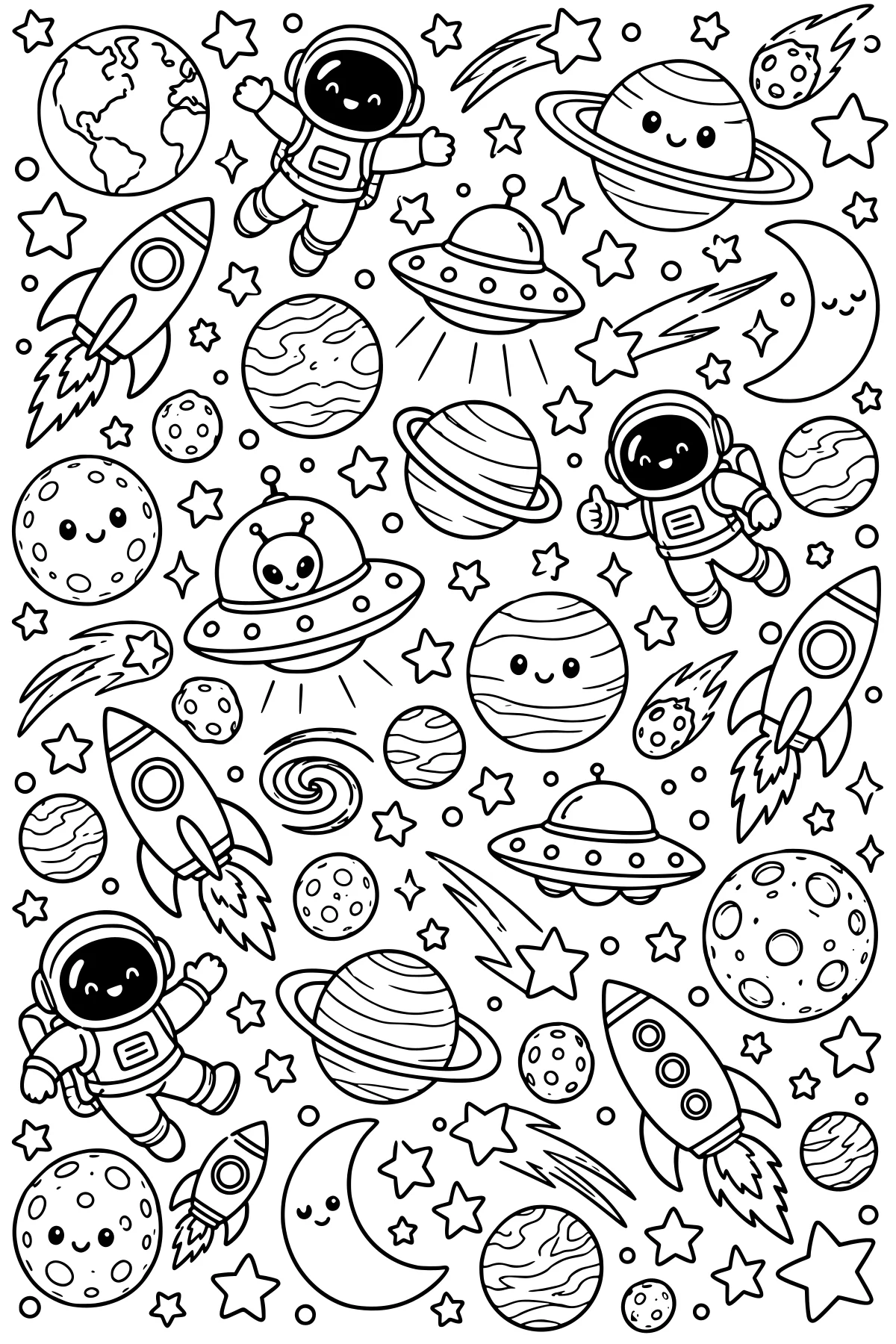 Astronauts, rockets, flying saucers, planets, moons, stars, and meteors arranged in a detailed outer-space doodle pattern.