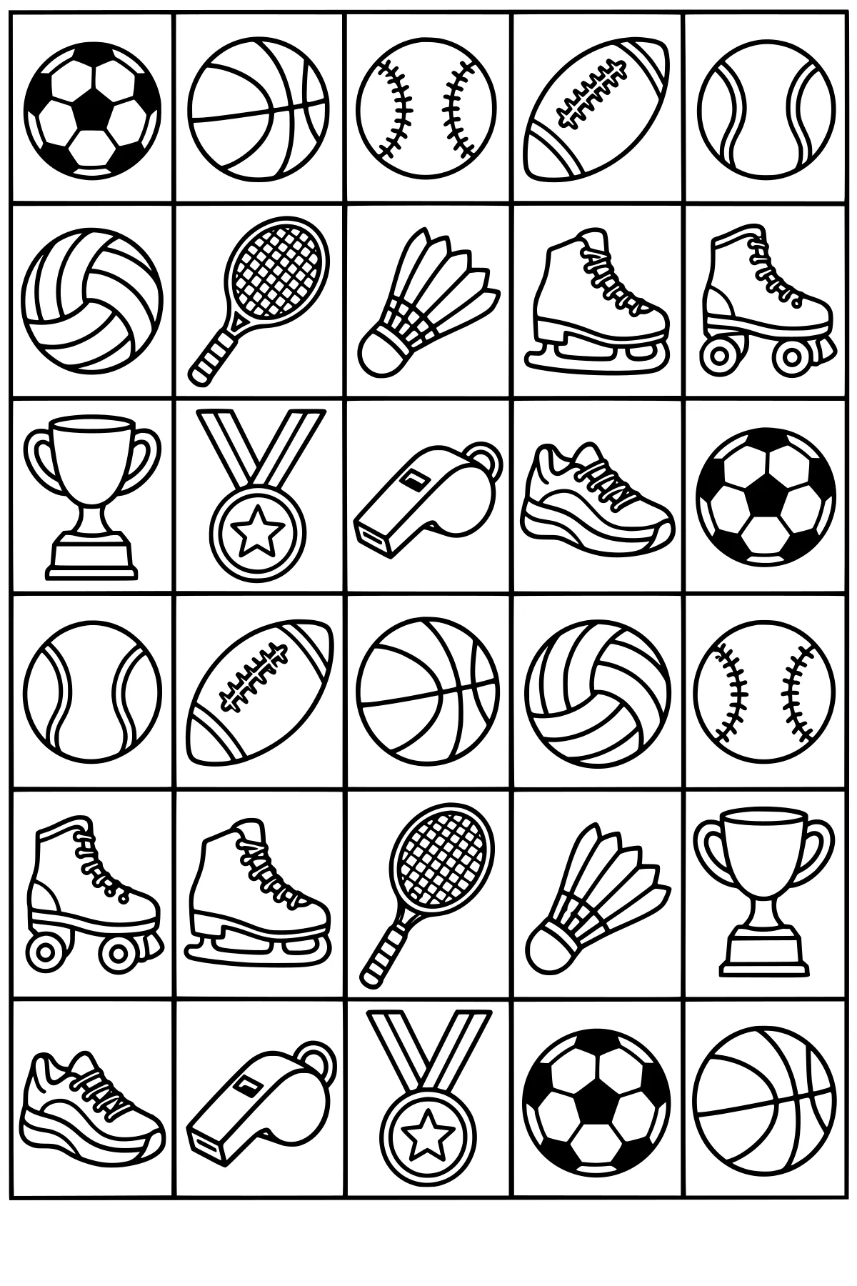 Black-and-white grid of sports icons, including balls, skates, rackets, shuttlecocks, shoes, whistles, medals, and trophies.
