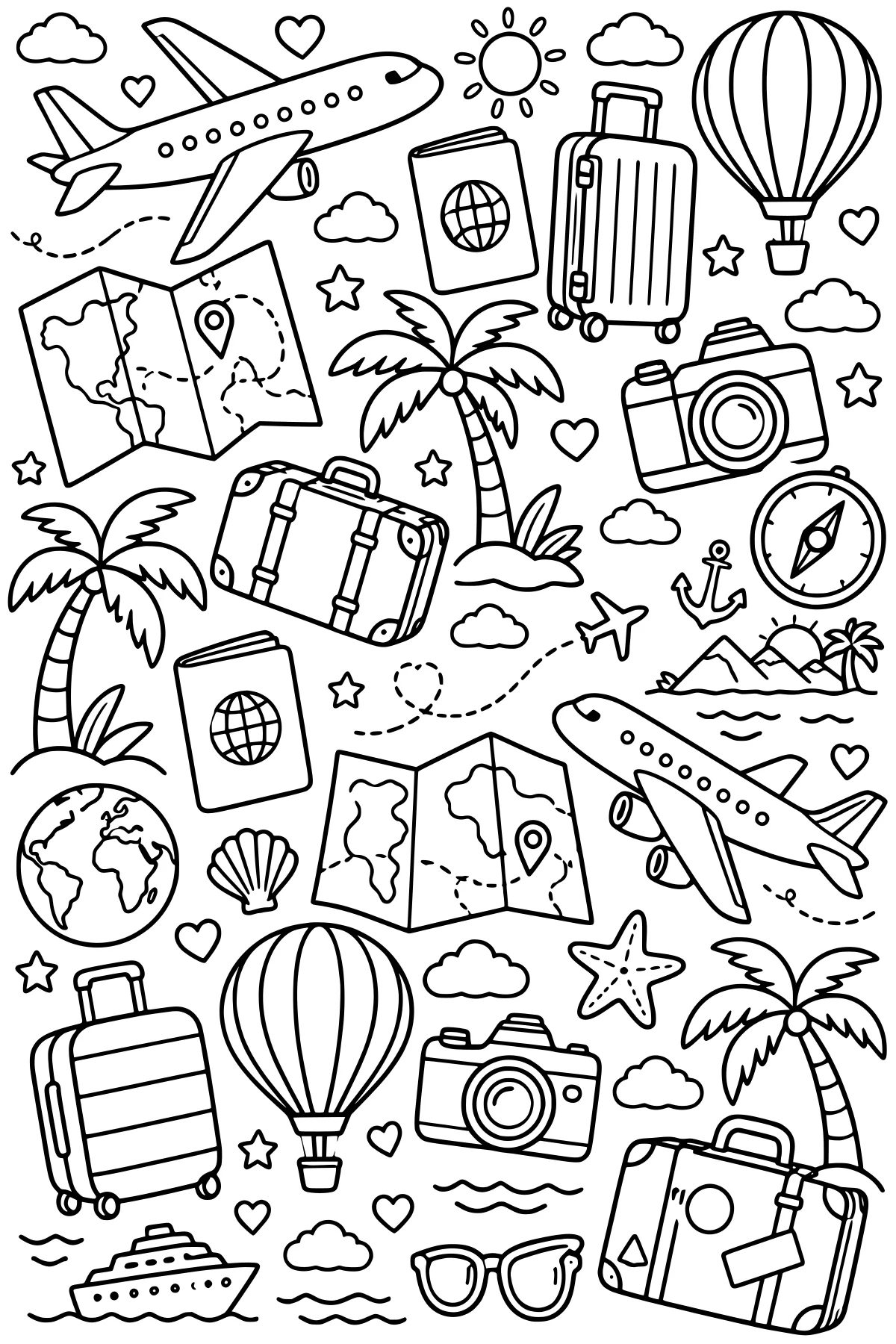 Dense travel-themed line art with airplanes, luggage, passports, maps, cameras, balloons, palm trees, a ship, globe, clouds, stars, hearts, and route lines.