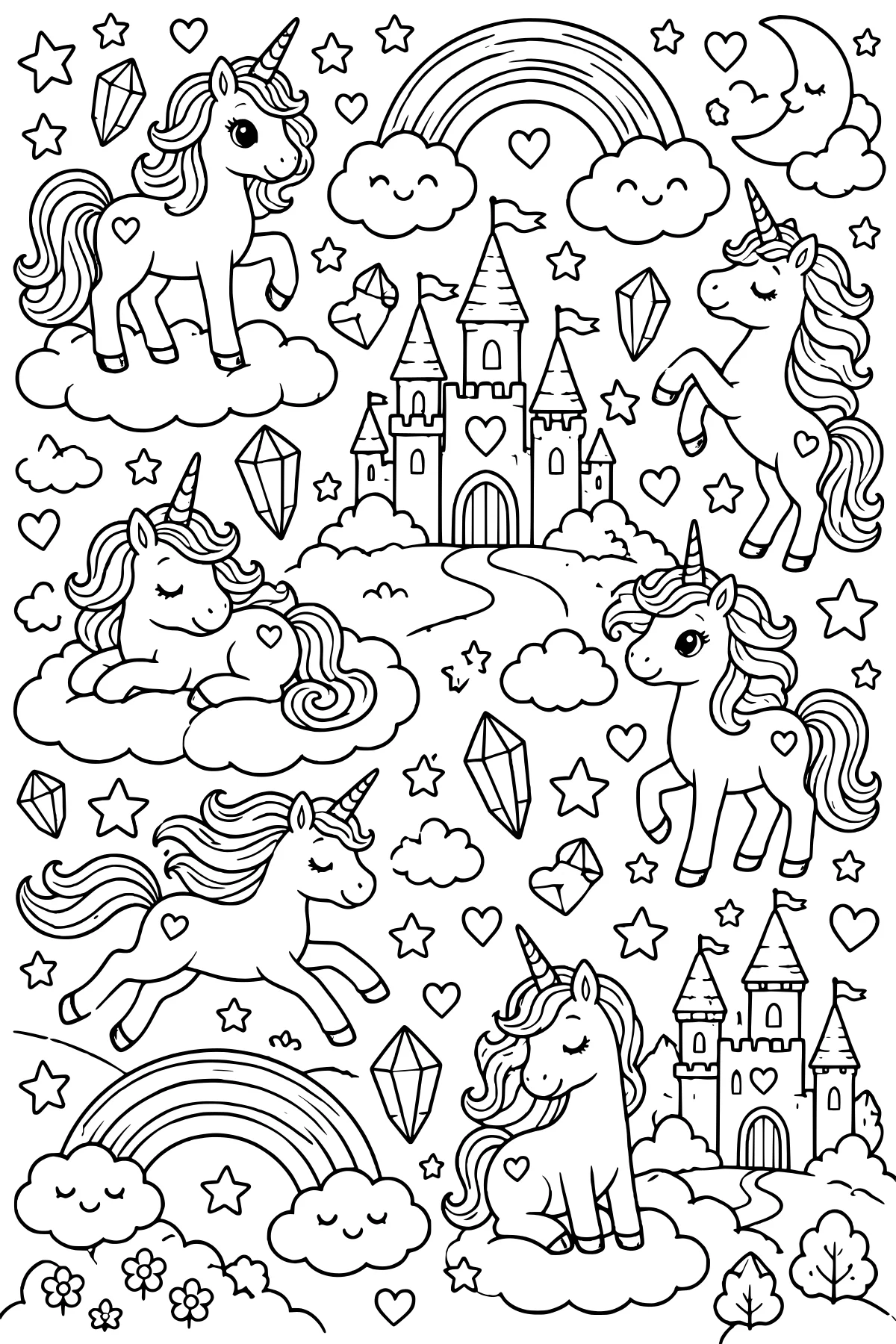 Unicorns in varied poses surrounded by rainbows, clouds, castles, crescent moons, gems, stars, hearts, and flowers.