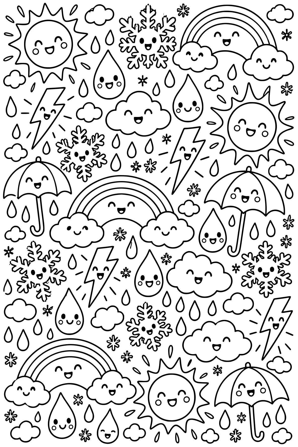 Smiling suns, clouds, rainbows, raindrops, snowflakes, lightning bolts, and umbrellas arranged in a dense weather-themed doodle pattern.