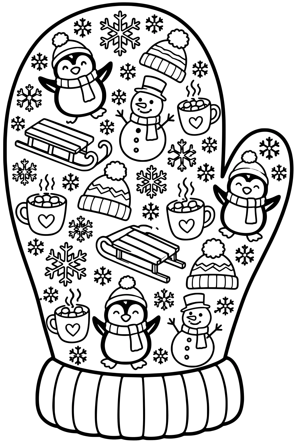 Outlined mitten filled with penguins, snowmen, winter hats, steaming marshmallow mugs, sleds, and snowflakes above a wide ribbed cuff.